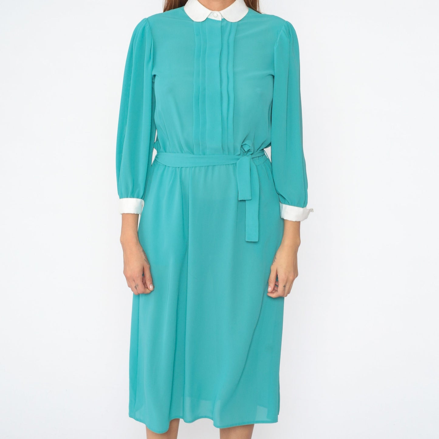 80s Turquoise Midi Dress Peter Pan Collar Puff Sleeve High Waist Small
