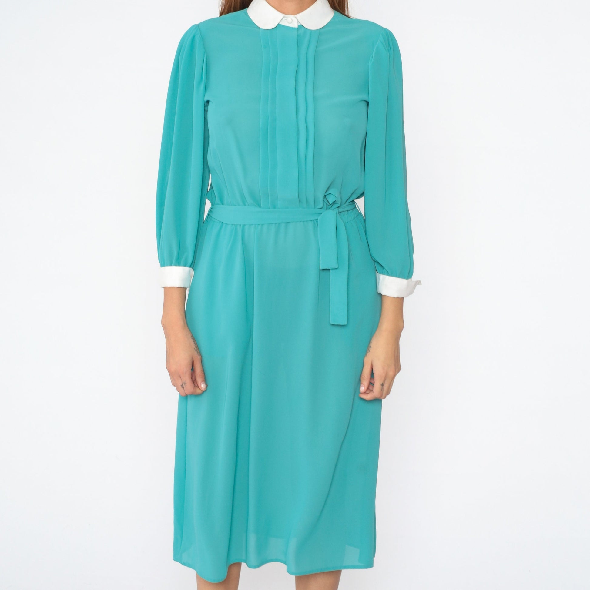 80s Turquoise Midi Dress Peter Pan Collar Puff Sleeve High Waist Small