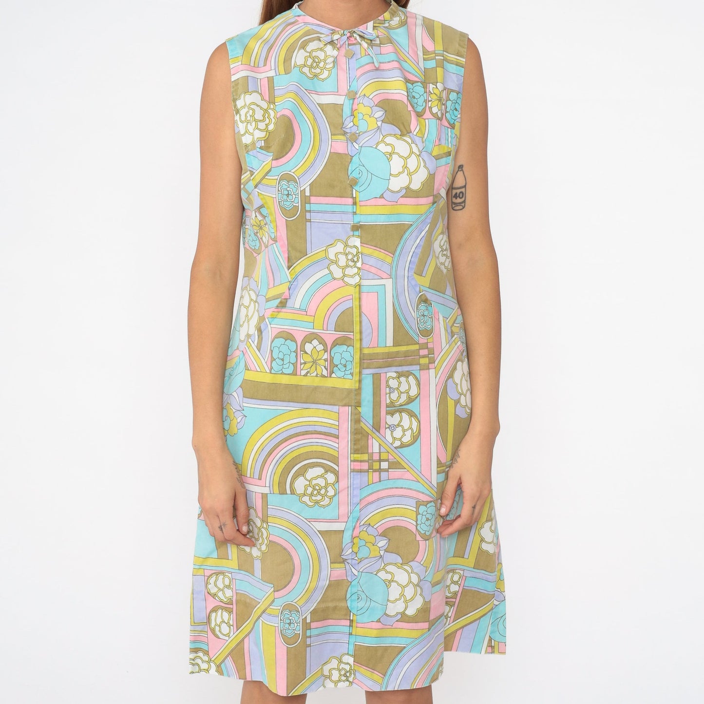 60s Psychedelic Floral Midi Dress Sleeveless Shift Cotton Medium