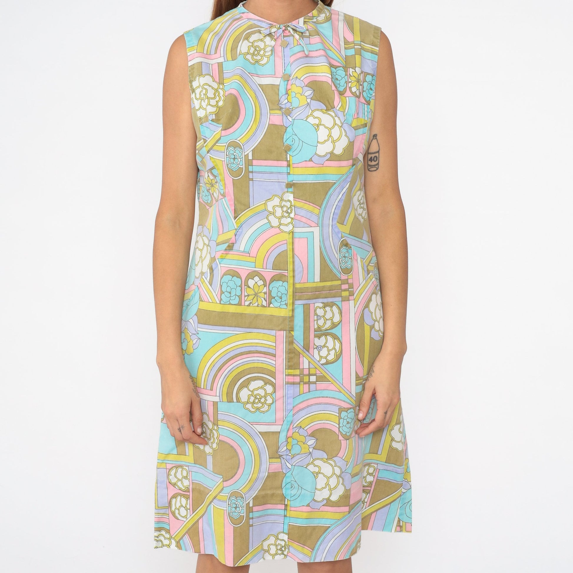 60s Psychedelic Floral Midi Dress Sleeveless Shift Cotton Medium