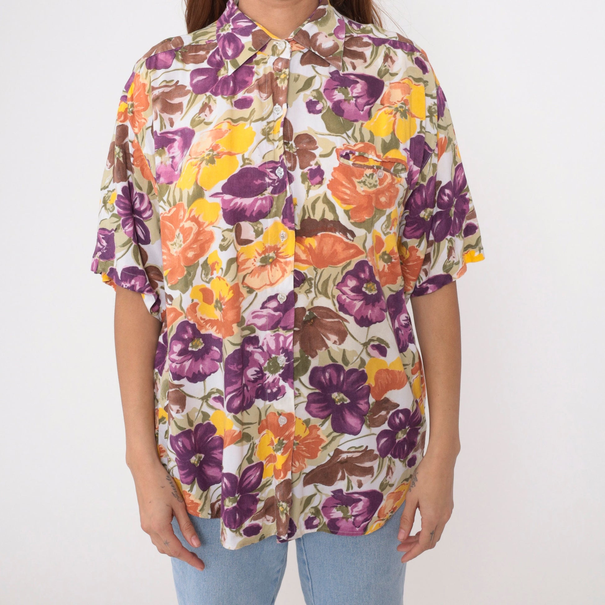 90s Watercolor Floral Rayon Button-Up Blouse Short Sleeve Large L