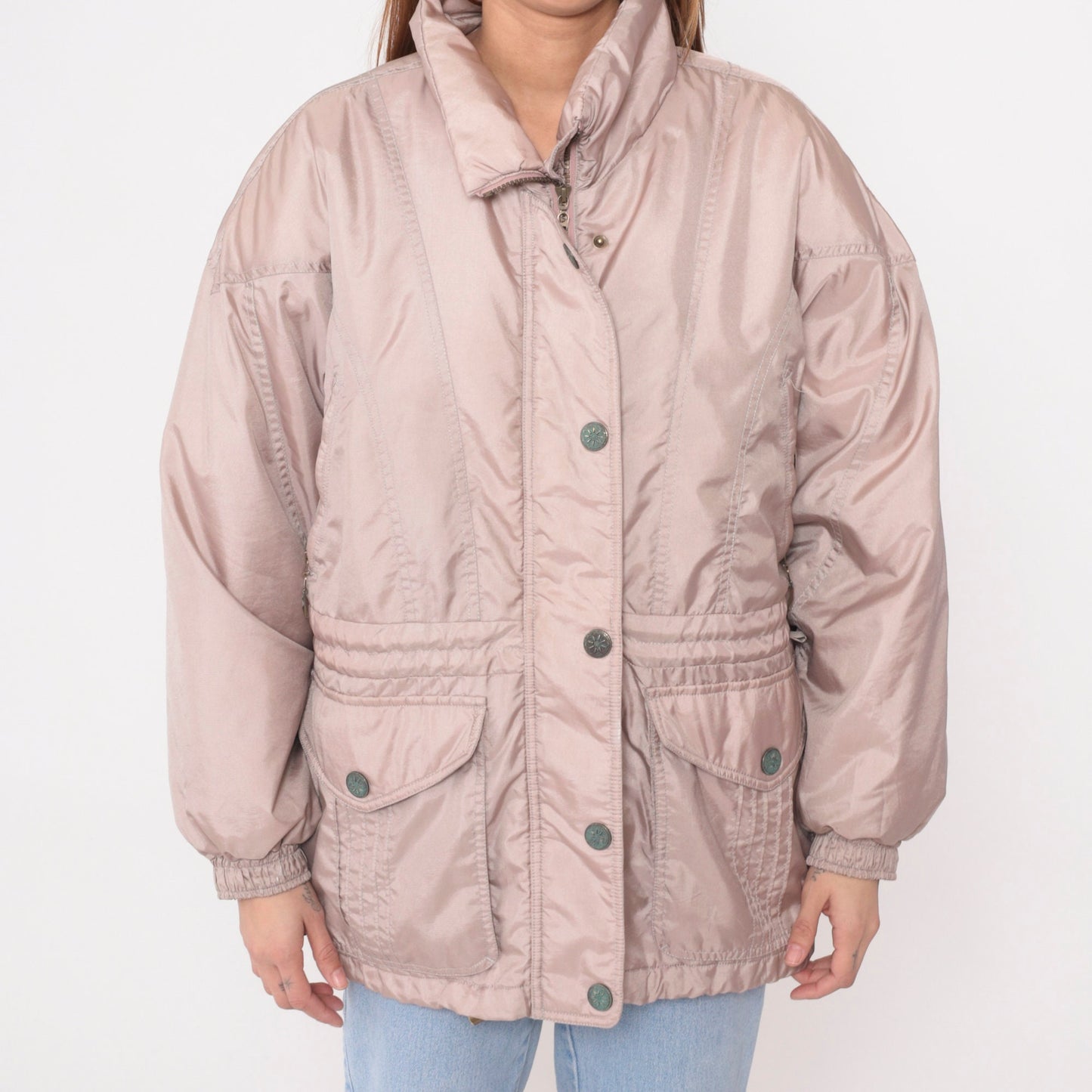 90s Mauve Puffer Ski Jacket Nylon Embroidered Drawstring Waist Large L
