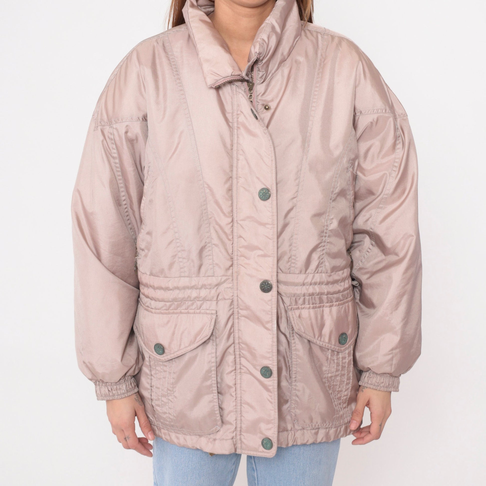 90s Mauve Puffer Ski Jacket Nylon Embroidered Drawstring Waist Large L