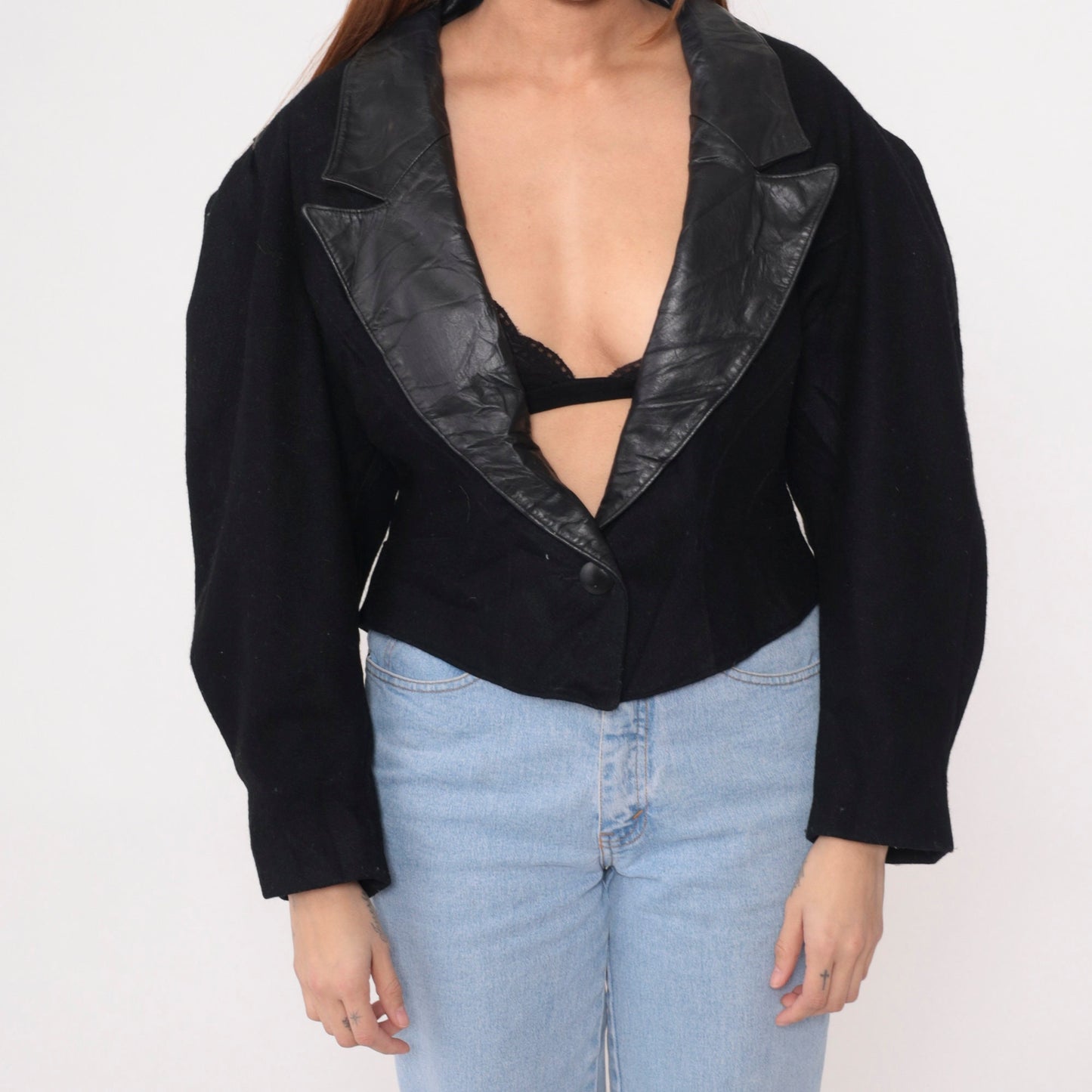 80s Jonathan Stevens Black Wool Blazer Leather Collar Deep V Neck Large L