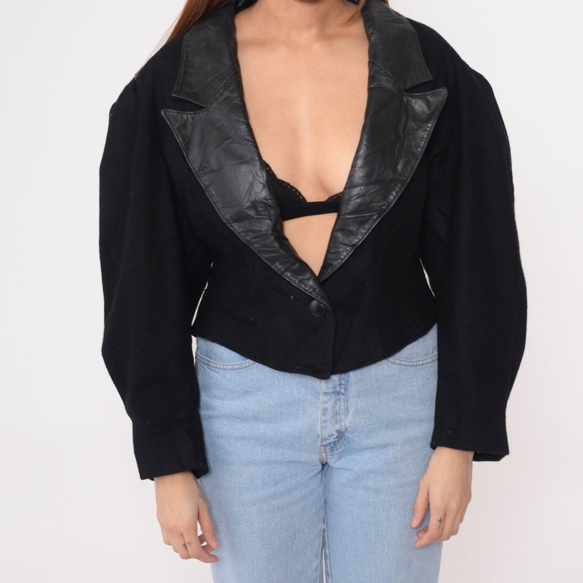 80s Jonathan Stevens Black Wool Blazer Leather Collar Deep V Neck Large L