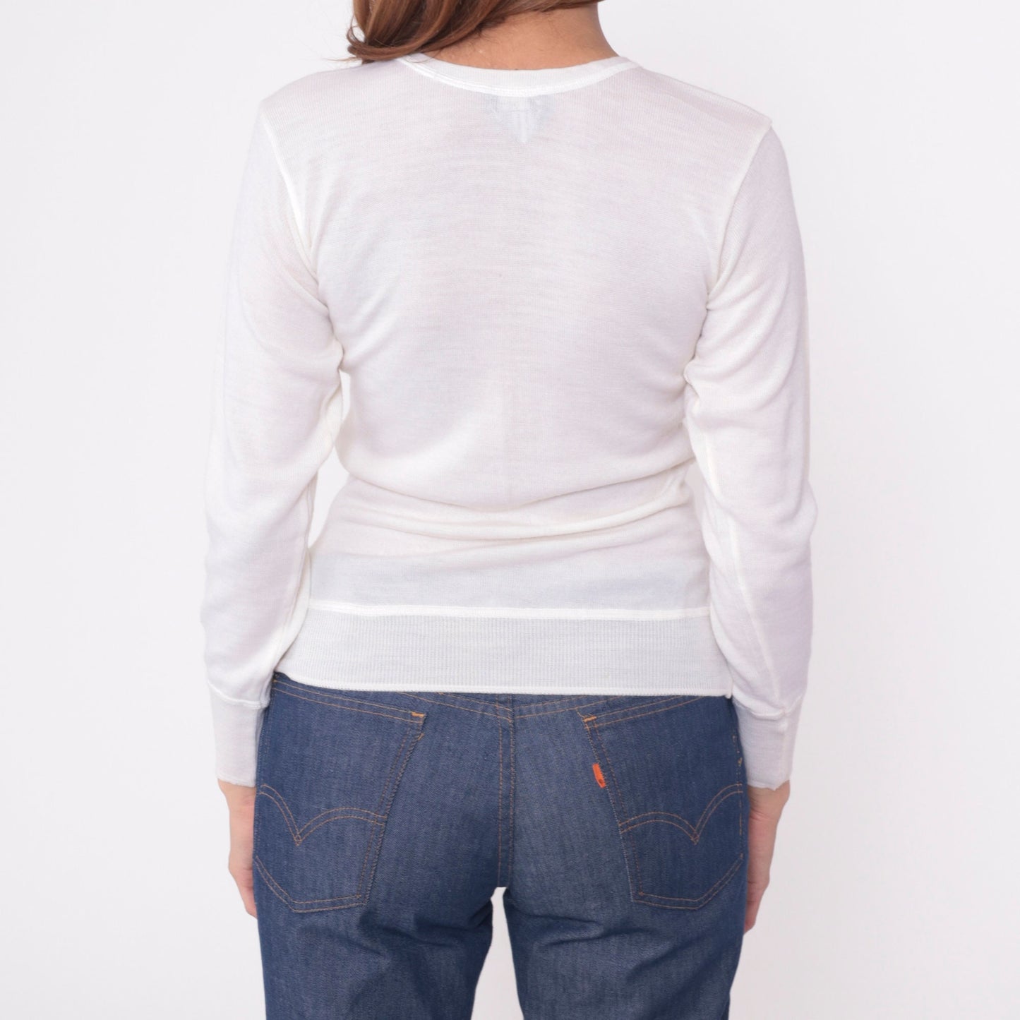 80s White Wool Thermal Long Sleeve Pullover Shirt Snowflake Small