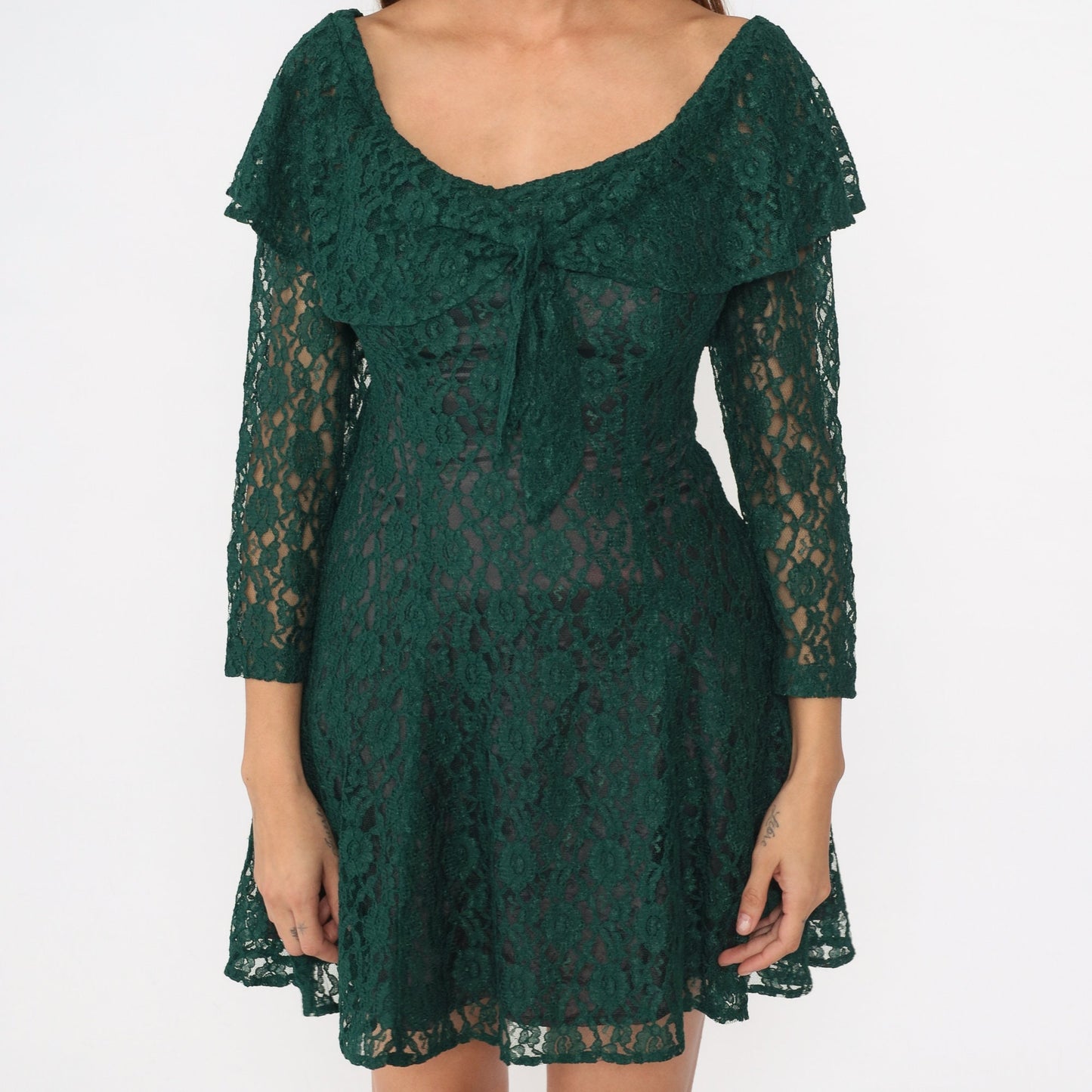 90s Green Lace Mini Dress Flounce Tie Neckline Long Sheer Sleeves Small