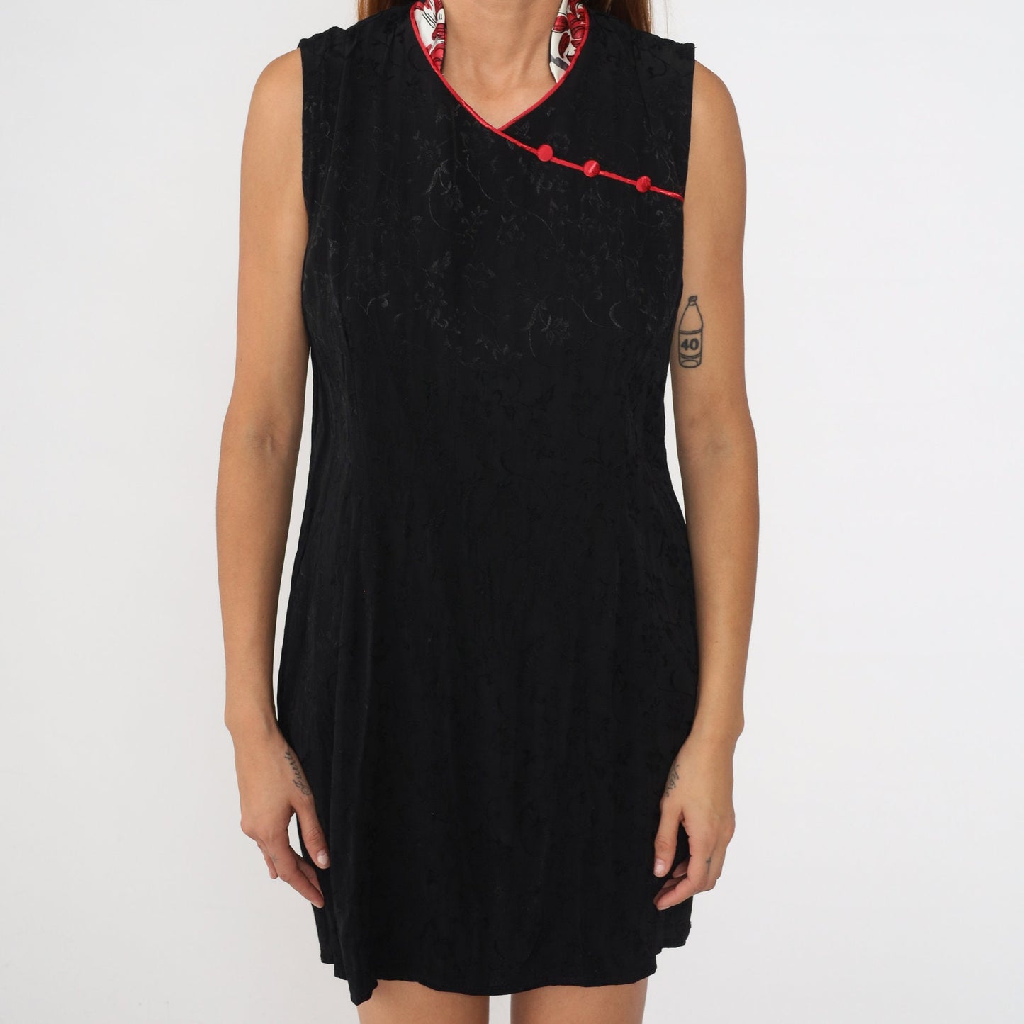 90s Black Floral Embossed Cheongsam Mini Dress Mandarin Collar Large
