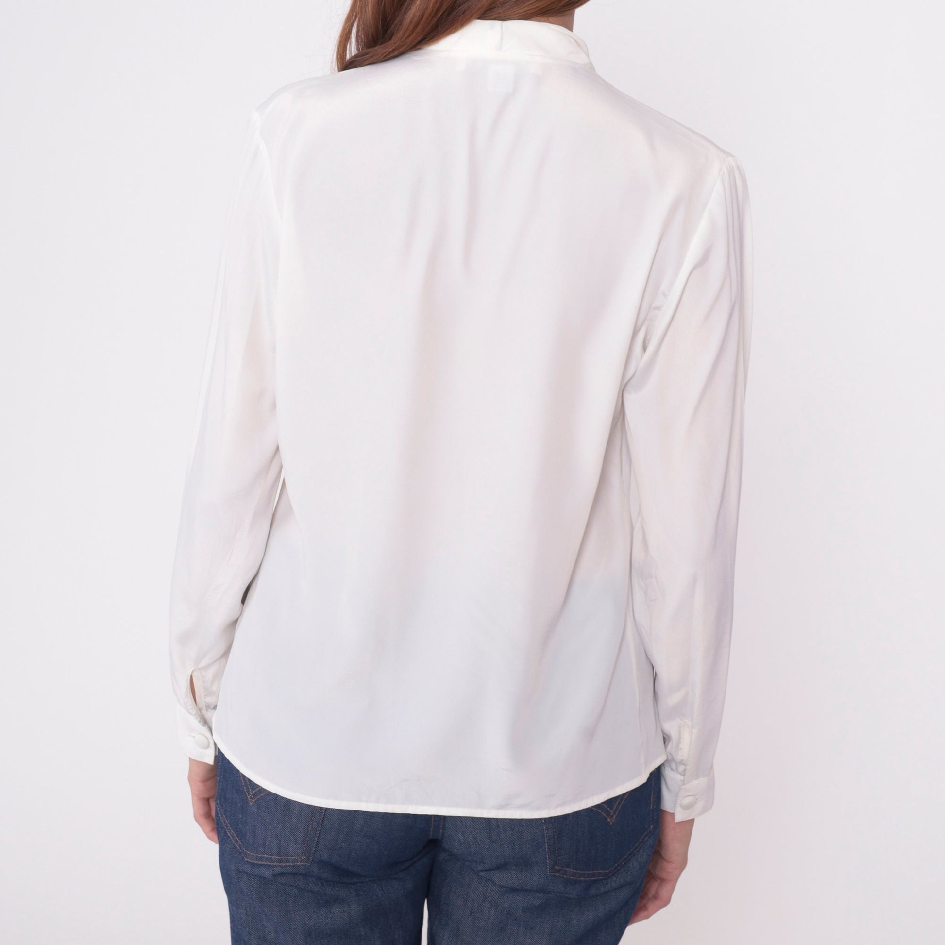 90s White Double Breasted Button Up Blouse V Neck Long Sleeve Small