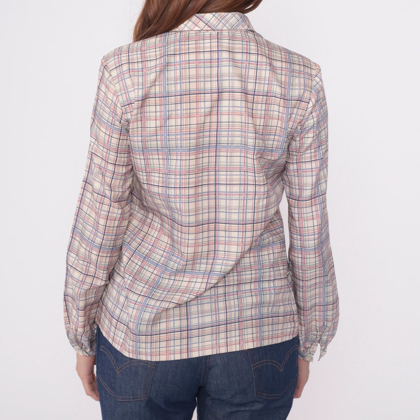 80s Plaid Button-Up Blouse Cream Lavender Pink Checkered Long Sleeve Small