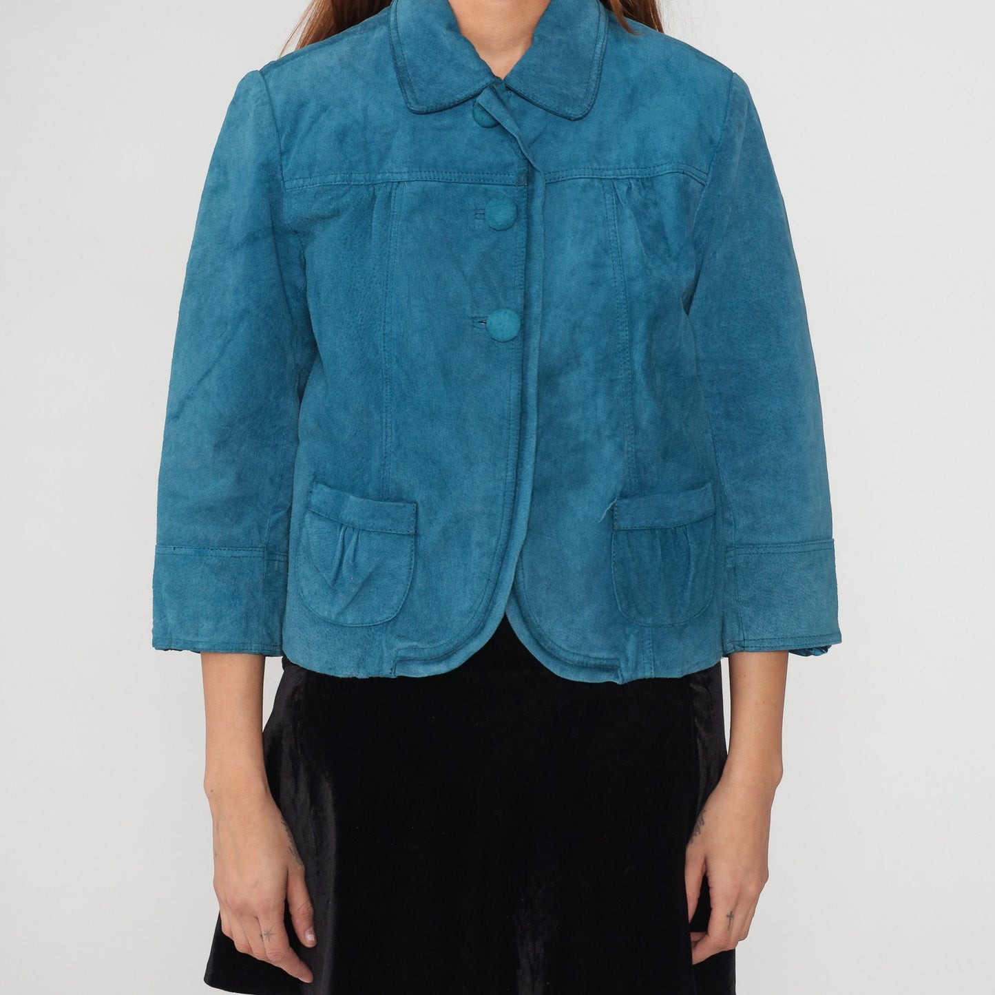 Y2K Chico's Blue Suede Jacket Cropped Button-Up 3/4 Sleeve Extra Small