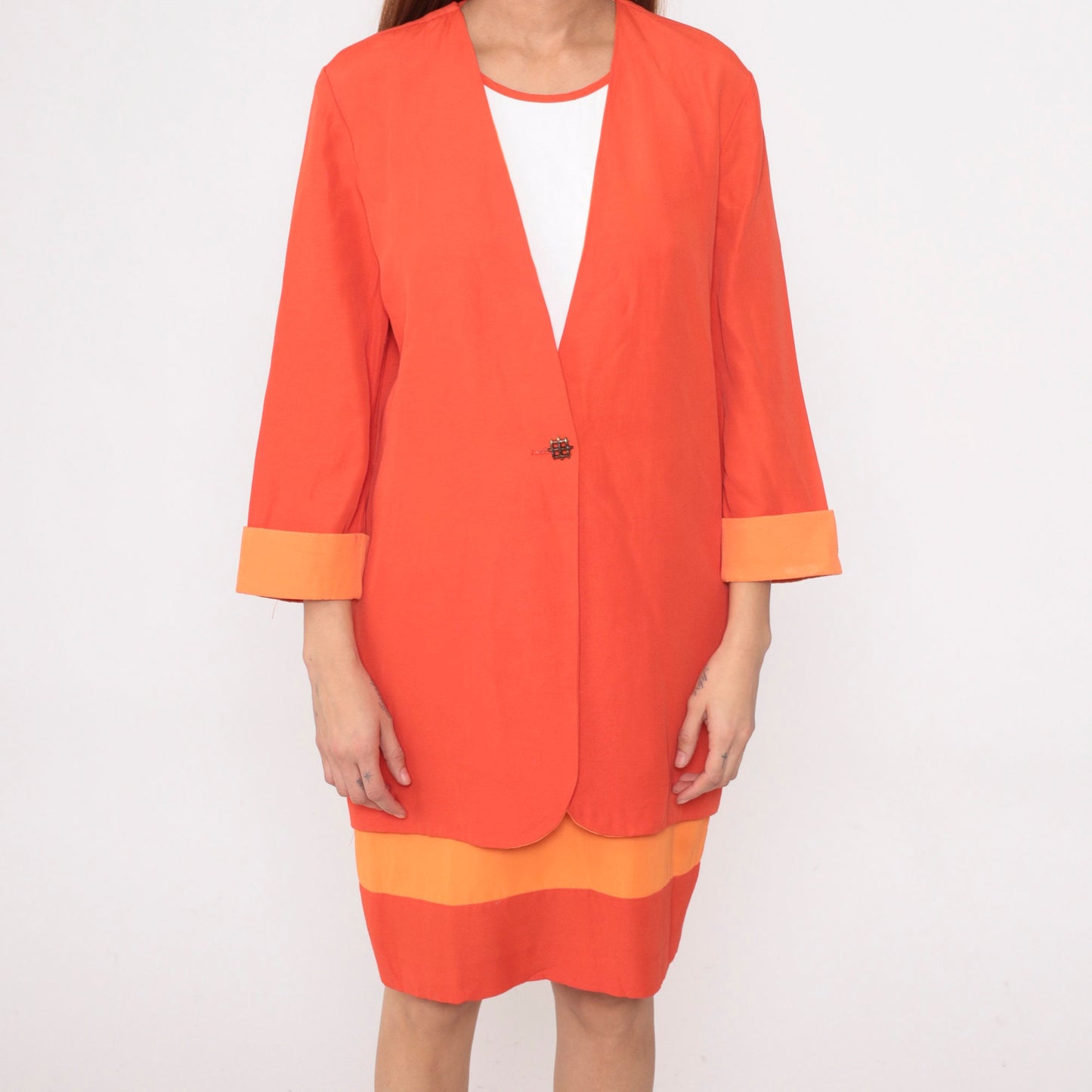 80s Orange Two-Tone Shift Dress with Attached Jacket Mini Medium