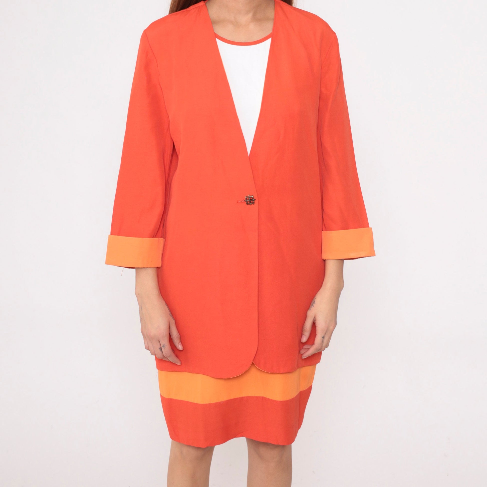 80s Orange Two-Tone Shift Dress with Attached Jacket Mini Medium