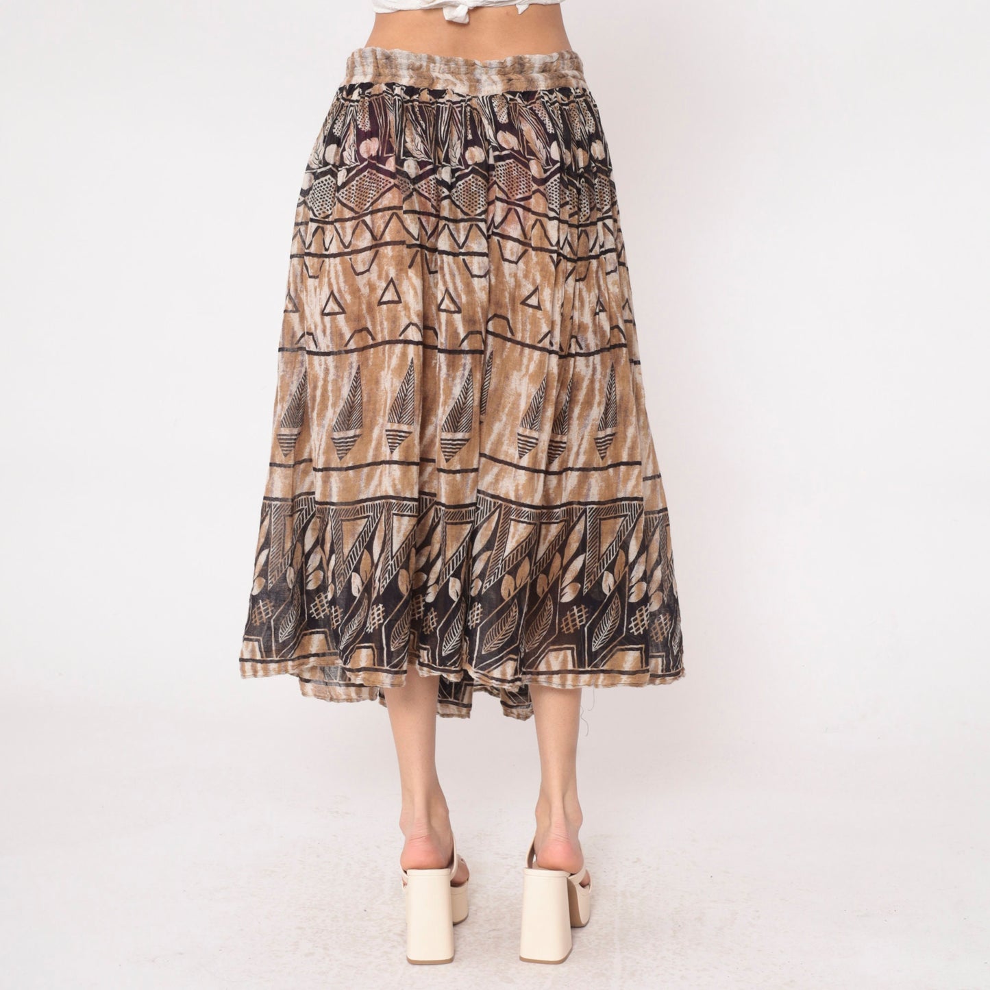 90s Geometric Leaf Print Broomstick Skirt Brown Midi Cotton Medium