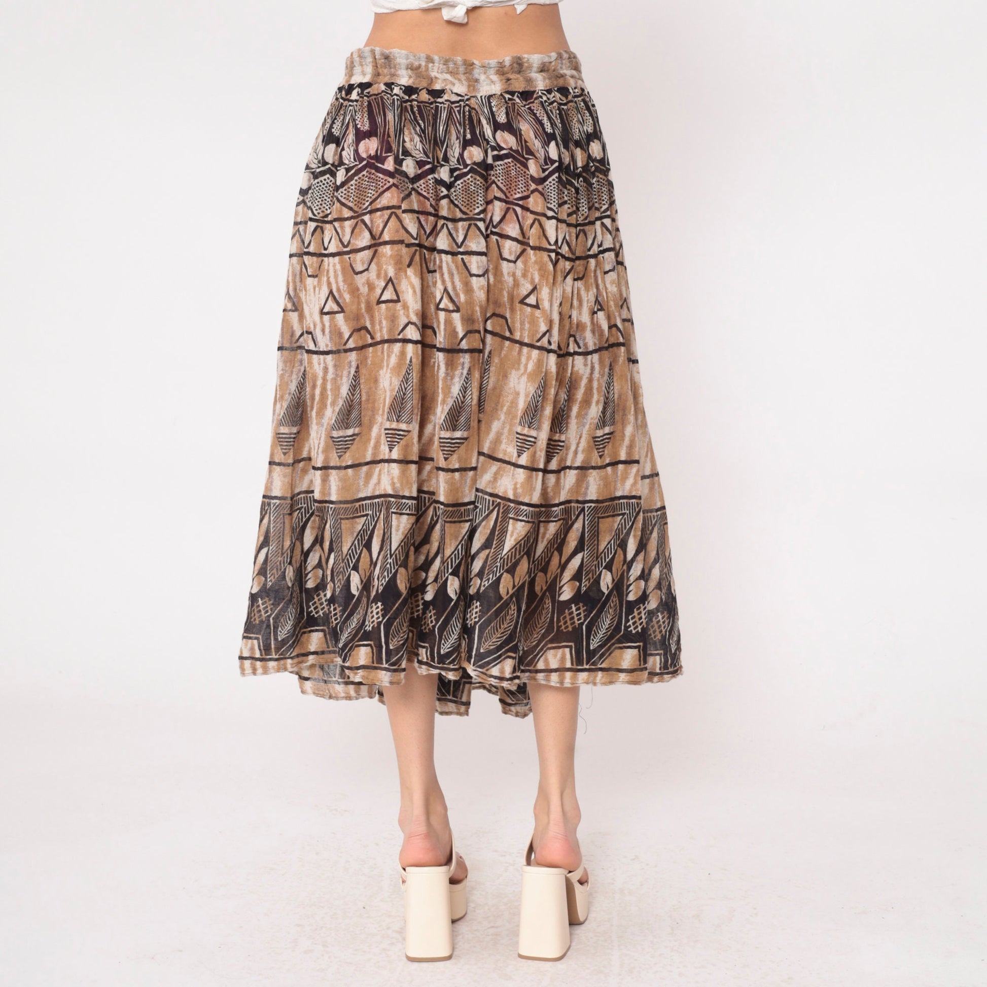 90s Geometric Leaf Print Broomstick Skirt Brown Midi Cotton Medium