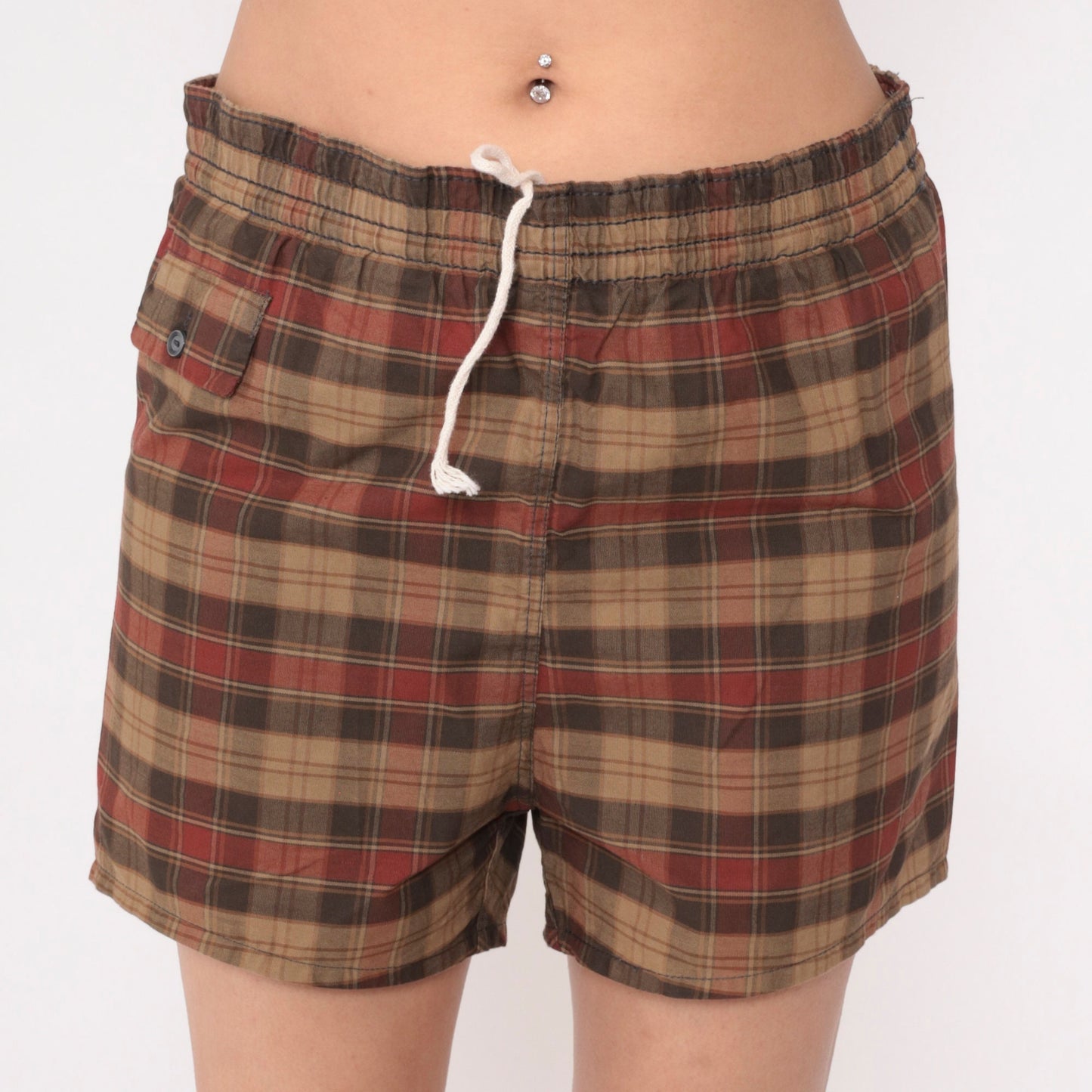 80s Brown Red Plaid Swim Trunks Drawstring Waist Men's Medium