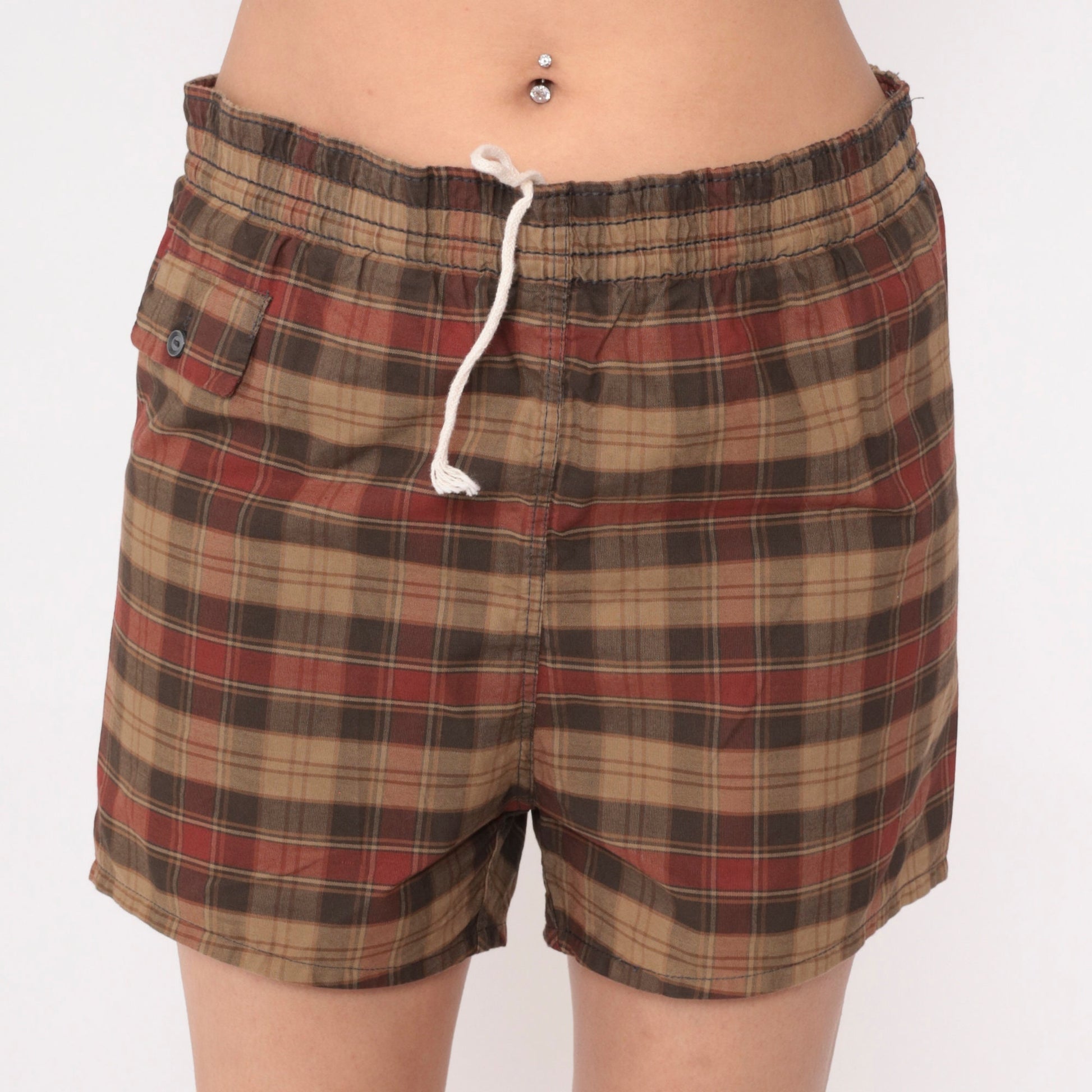 80s Brown Red Plaid Swim Trunks Drawstring Waist Men's Medium