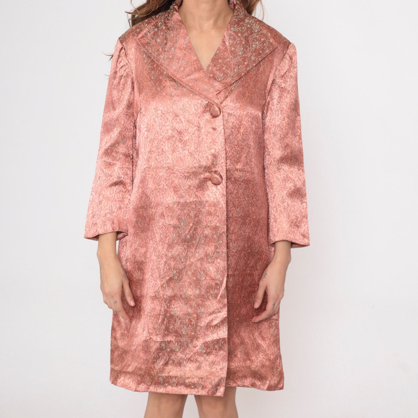 60s Pink Brocade Jacket Floral Bird Design Knee Length Button Up Medium