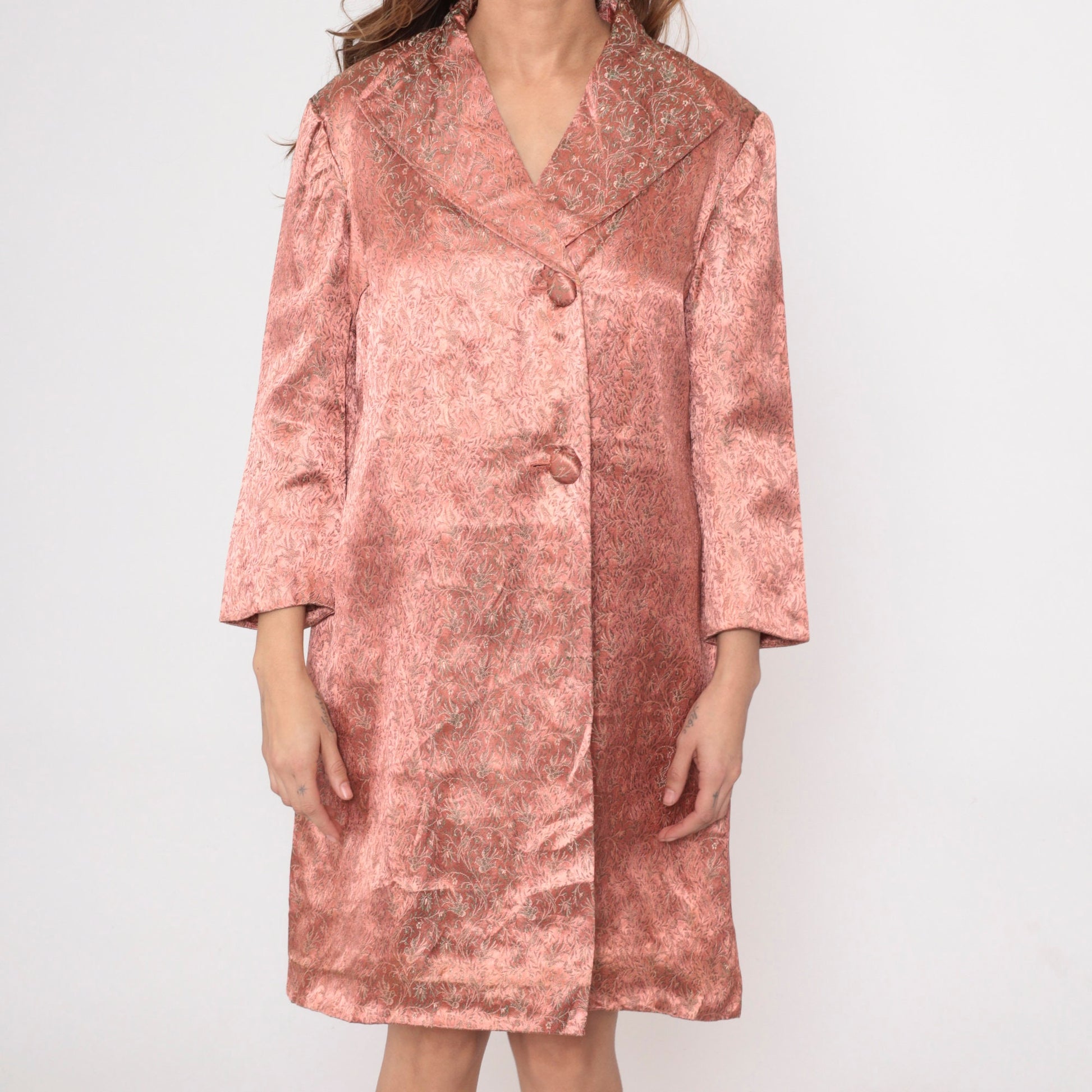 60s Pink Brocade Jacket Floral Bird Design Knee Length Button Up Medium