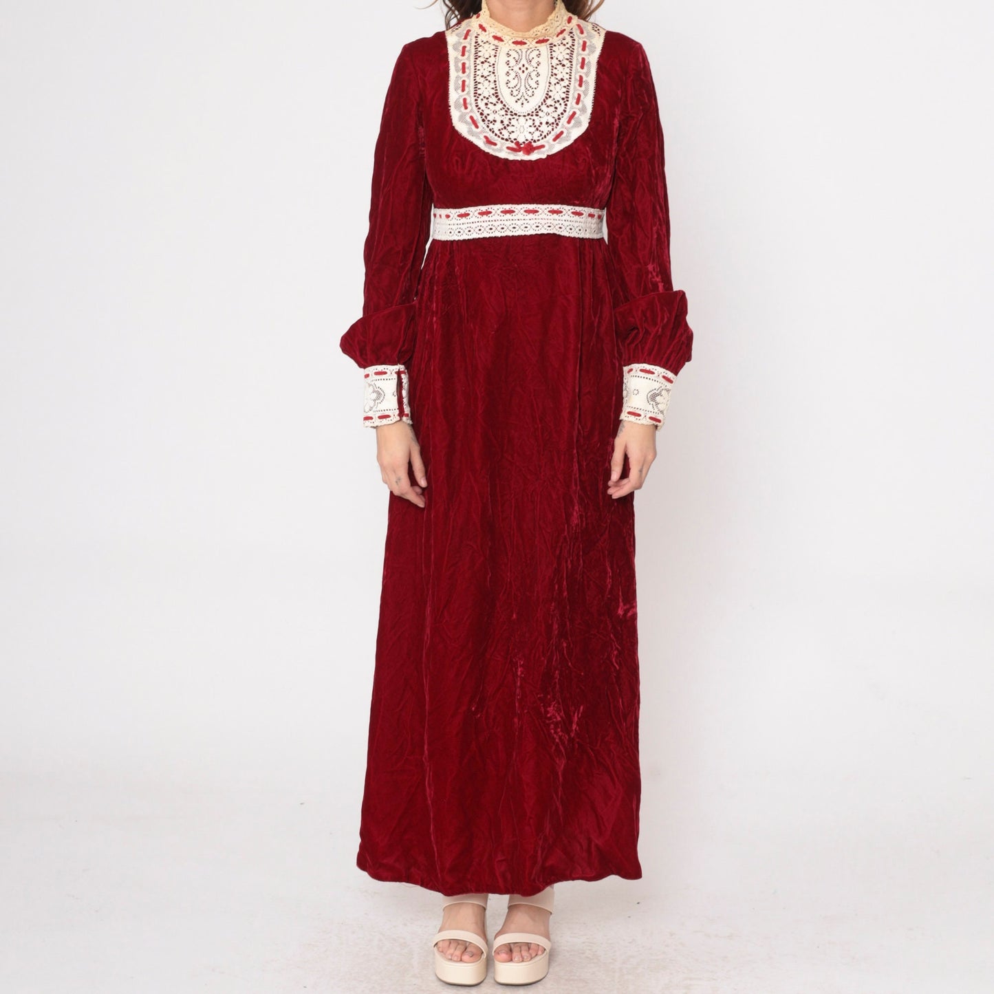 70s Red Velvet Maxi Dress Empire Waist Lace Bib Balloon Sleeve Medium
