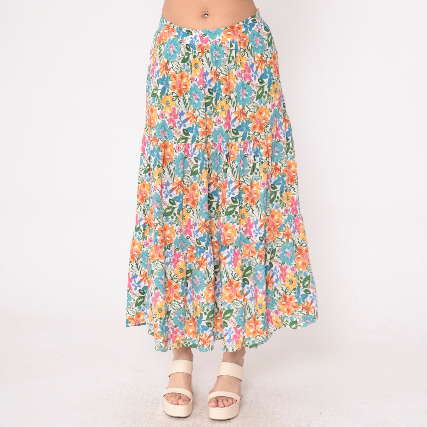 00s Cynthia Rowley Tiered Floral Maxi Skirt Blue Orange Pink Small