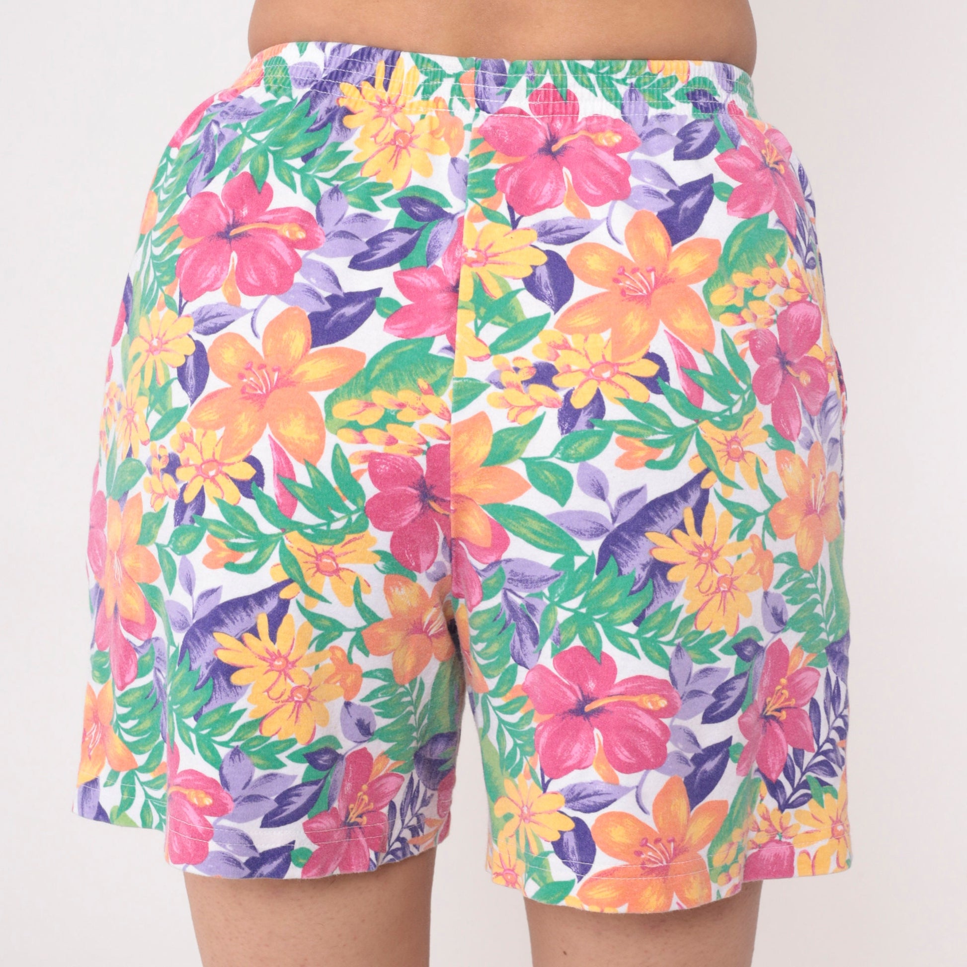 90s Tropical Floral Leaf Print High-Waist Shorts Multicolor Small