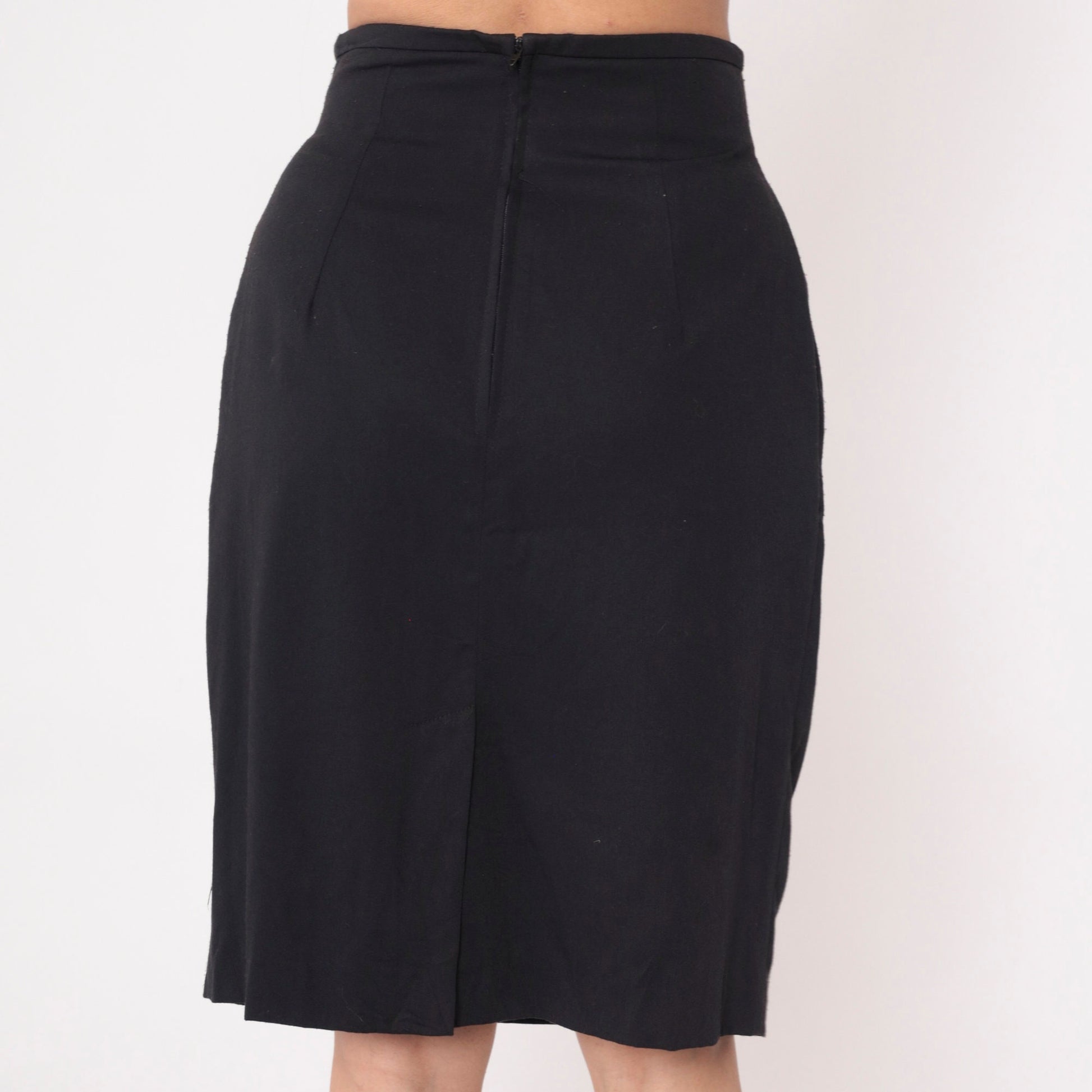 90s Black Pencil Skirt High Waisted Pleated Knee Length Medium