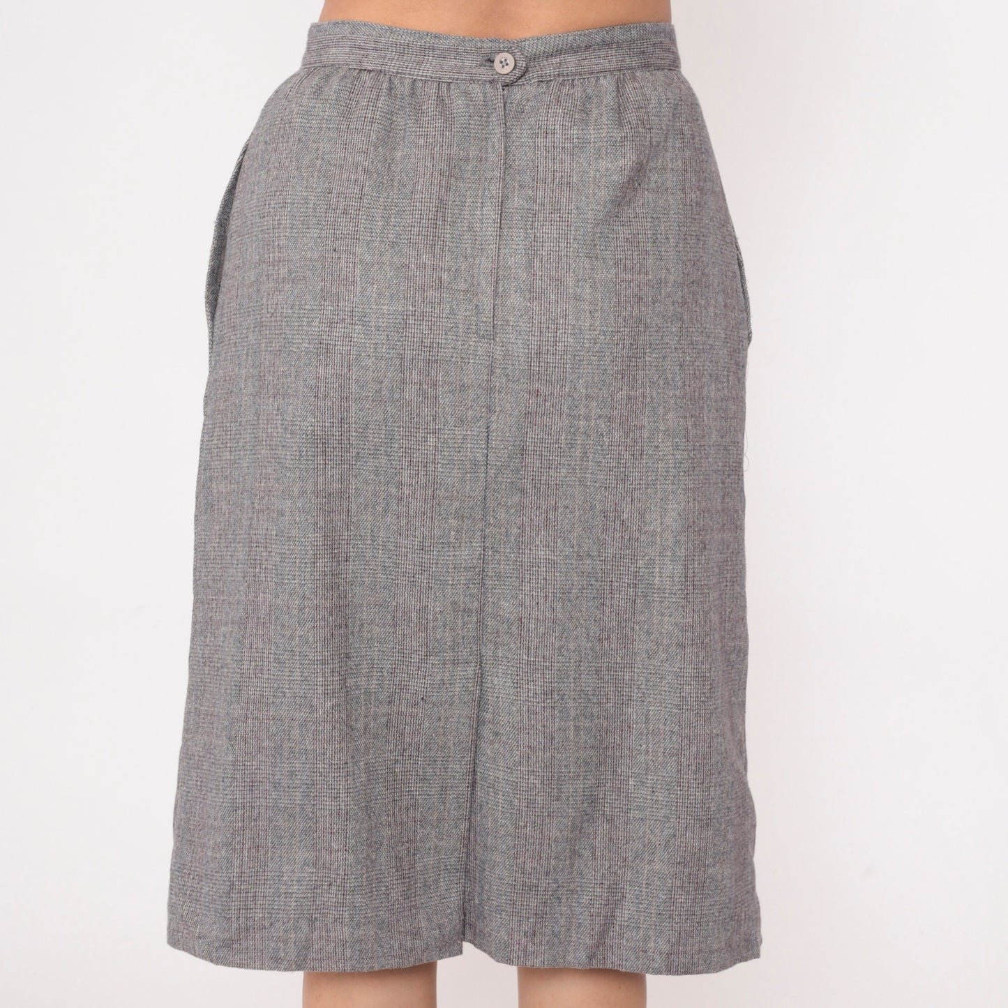 80s Grey Checkered High-Waisted Straight Skirt Pockets Small