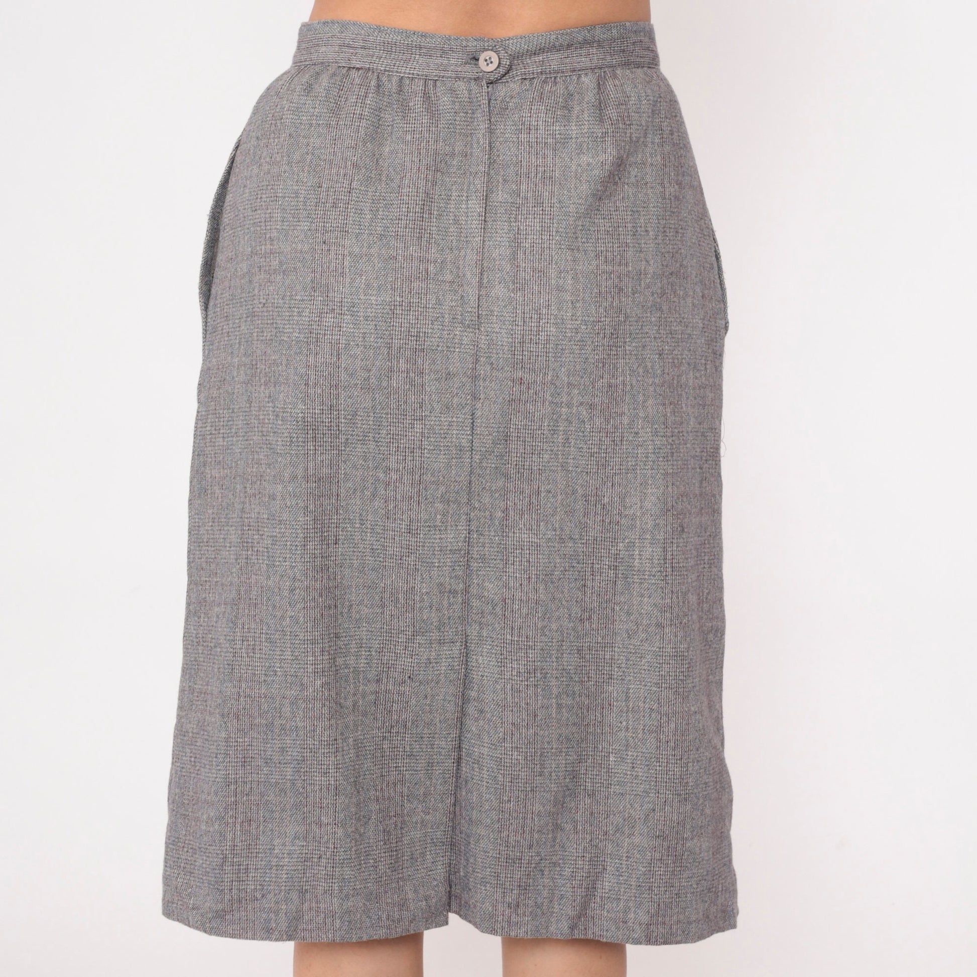 80s Grey Checkered High-Waisted Straight Skirt Pockets Small