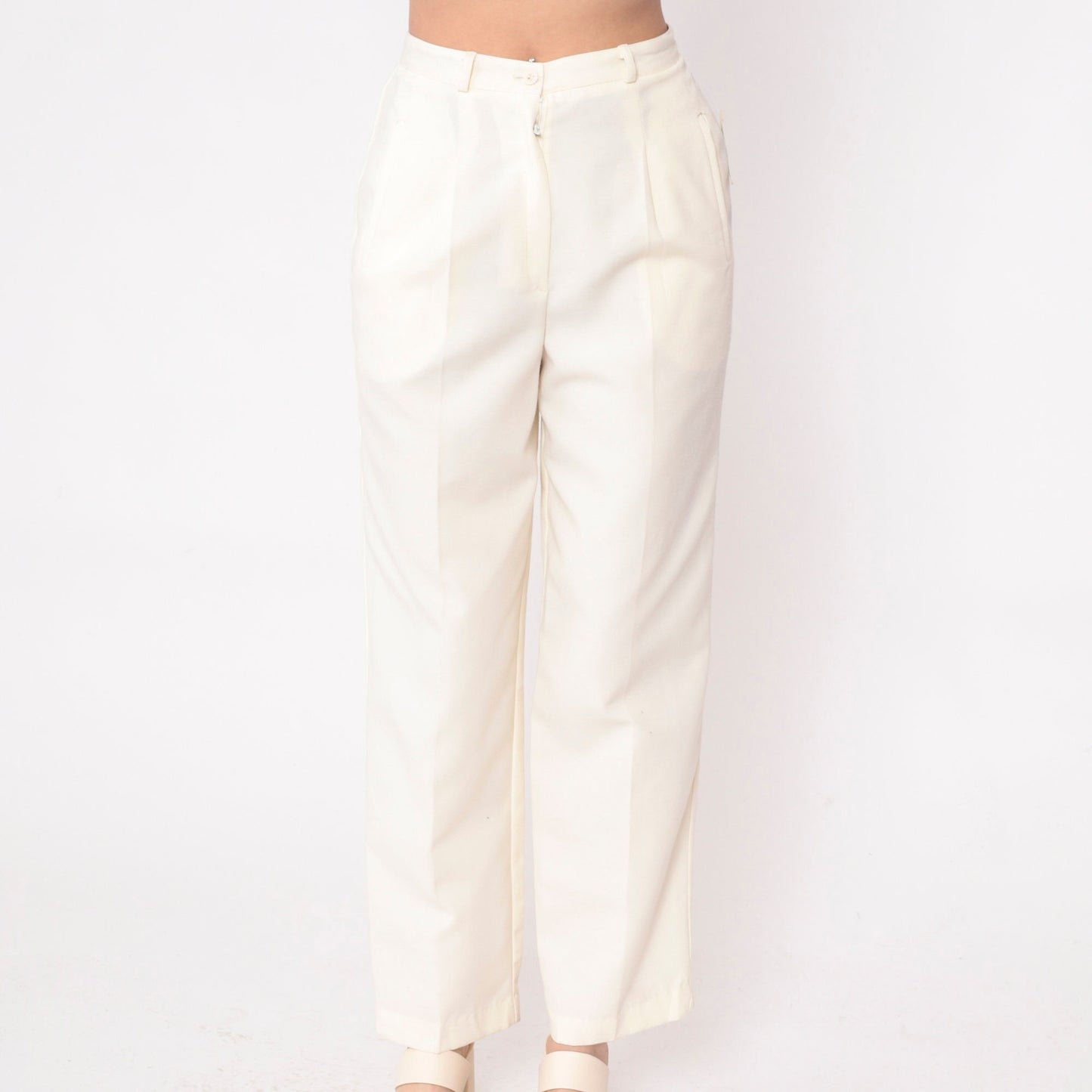80s Cream High-Waisted Straight Leg Pants Pleated Welt Pockets Small S