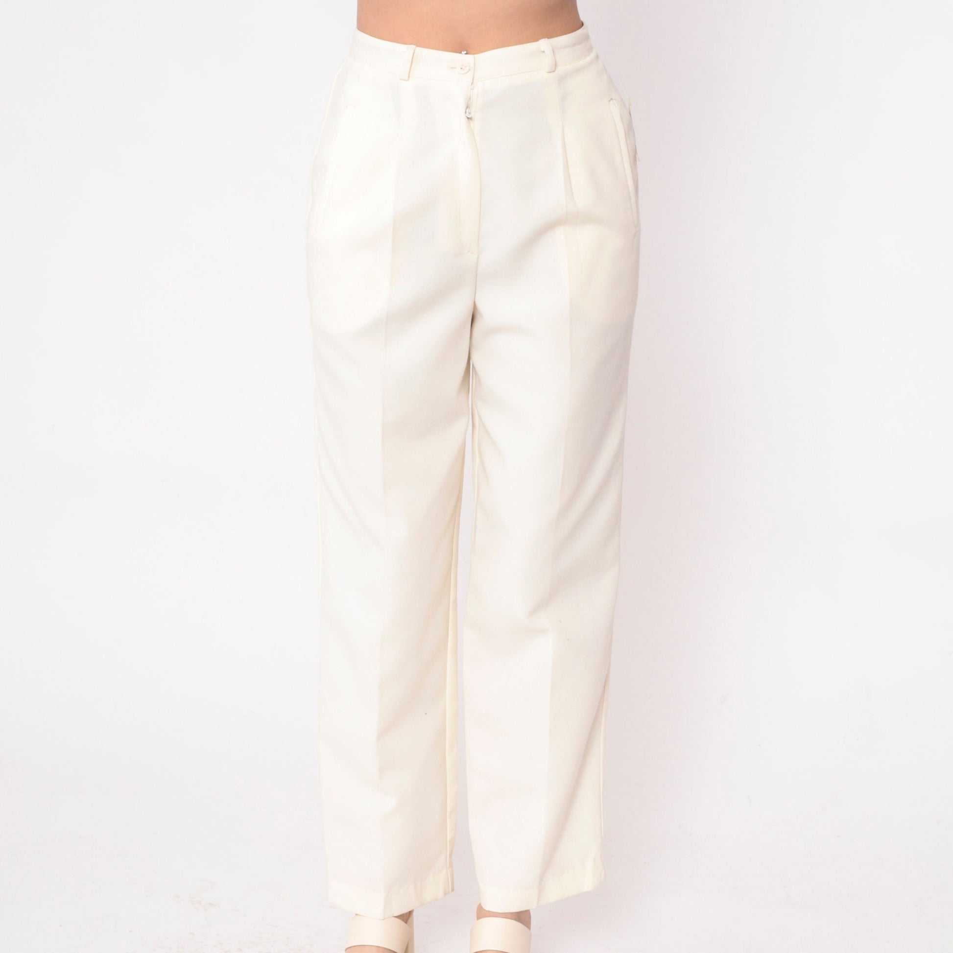80s Cream High-Waisted Straight Leg Pants Pleated Welt Pockets Small S