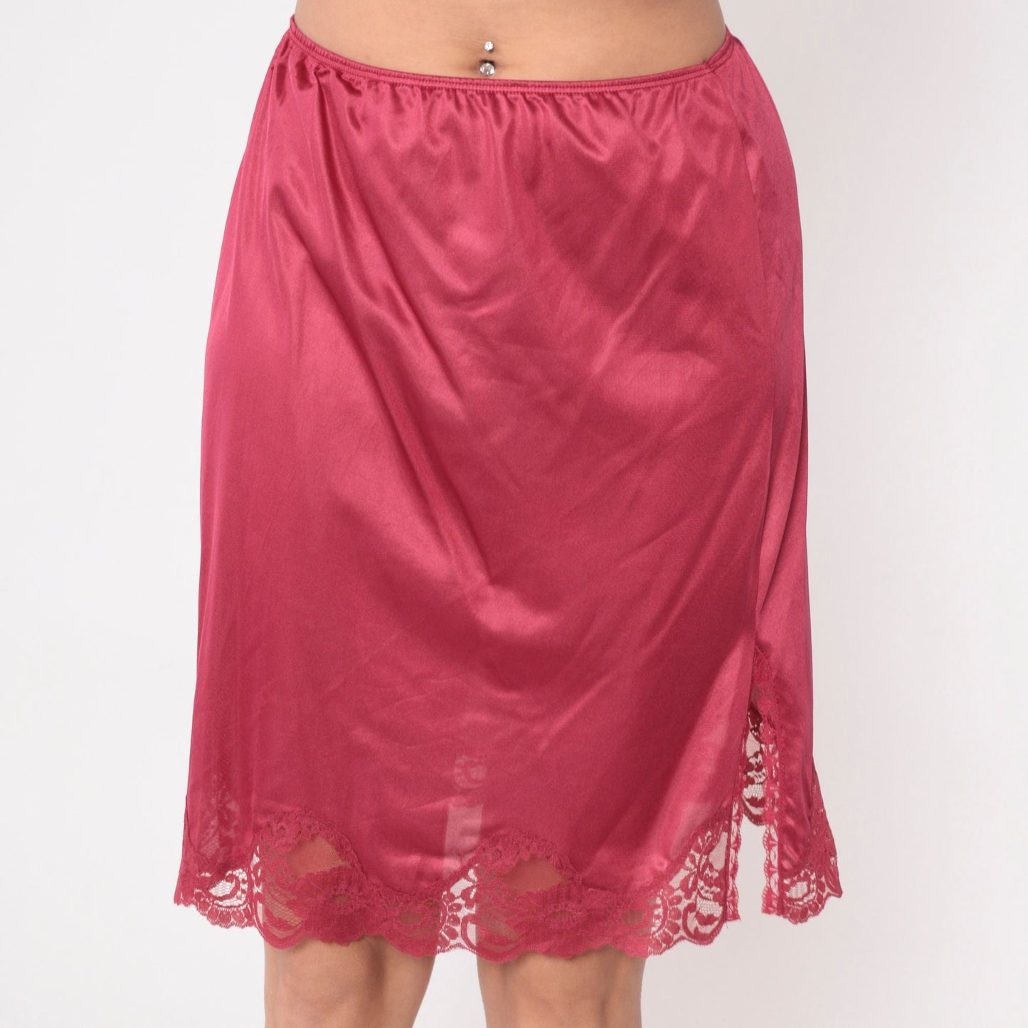 70s Raspberry Lace Slip Skirt High Waisted Front Slit Small Medium