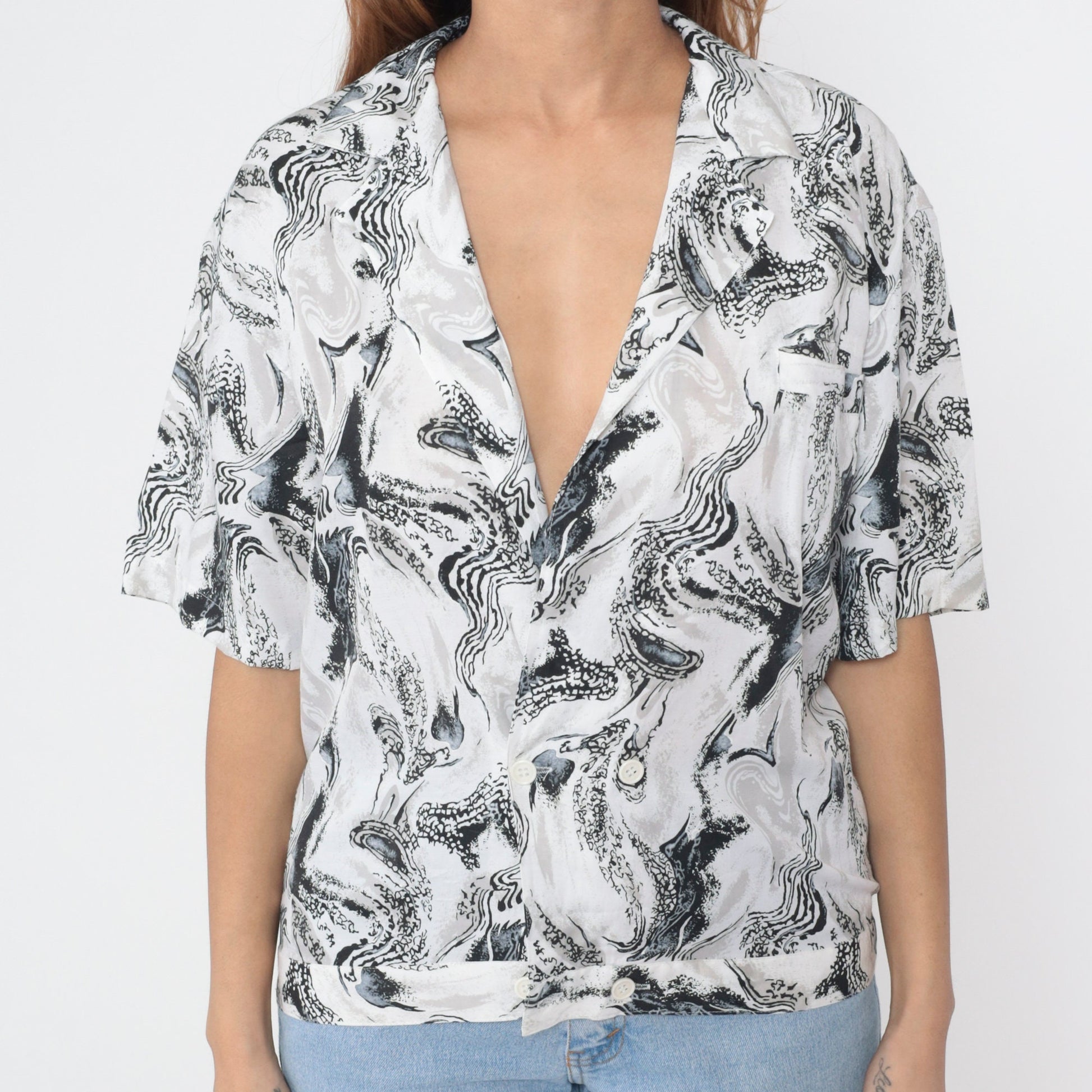 90s Marbled Swirl Button-Up Blouse Black White Deep V-Neck Short Sleeve Medium M