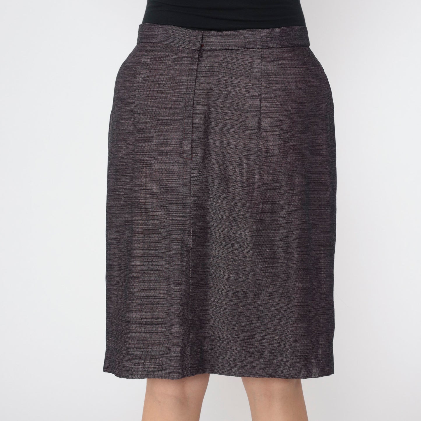 80s Heathered Black Pink Pencil Skirt High Waist Midi Kick Pleat Medium