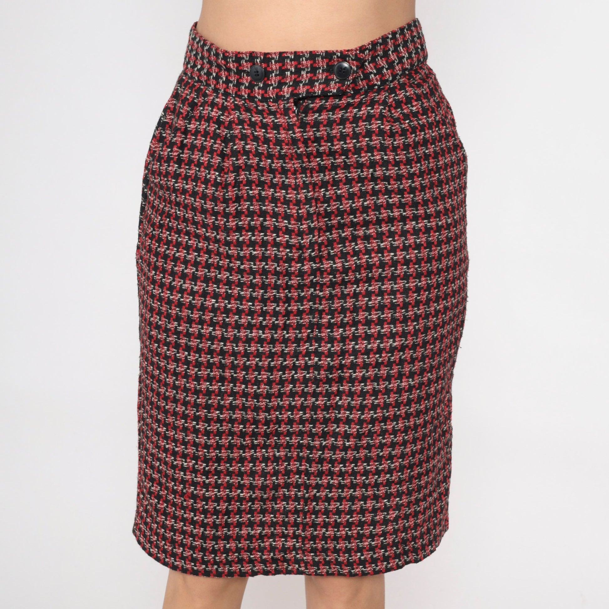 80s Diane von Furstenberg Houndstooth Pencil Skirt High Waisted Black Red White Small