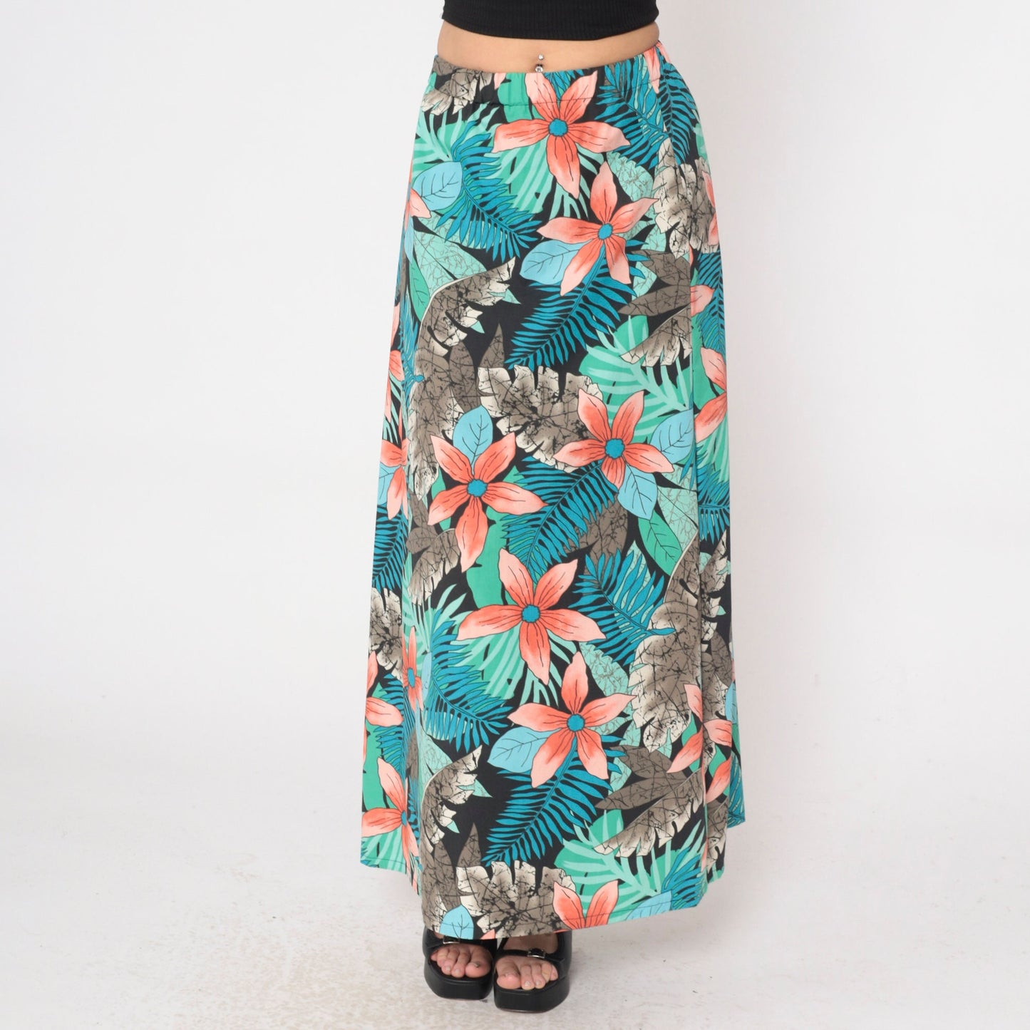 80s Tropical Floral Maxi Skirt High Waist Fern Print Blue Green Orange Small