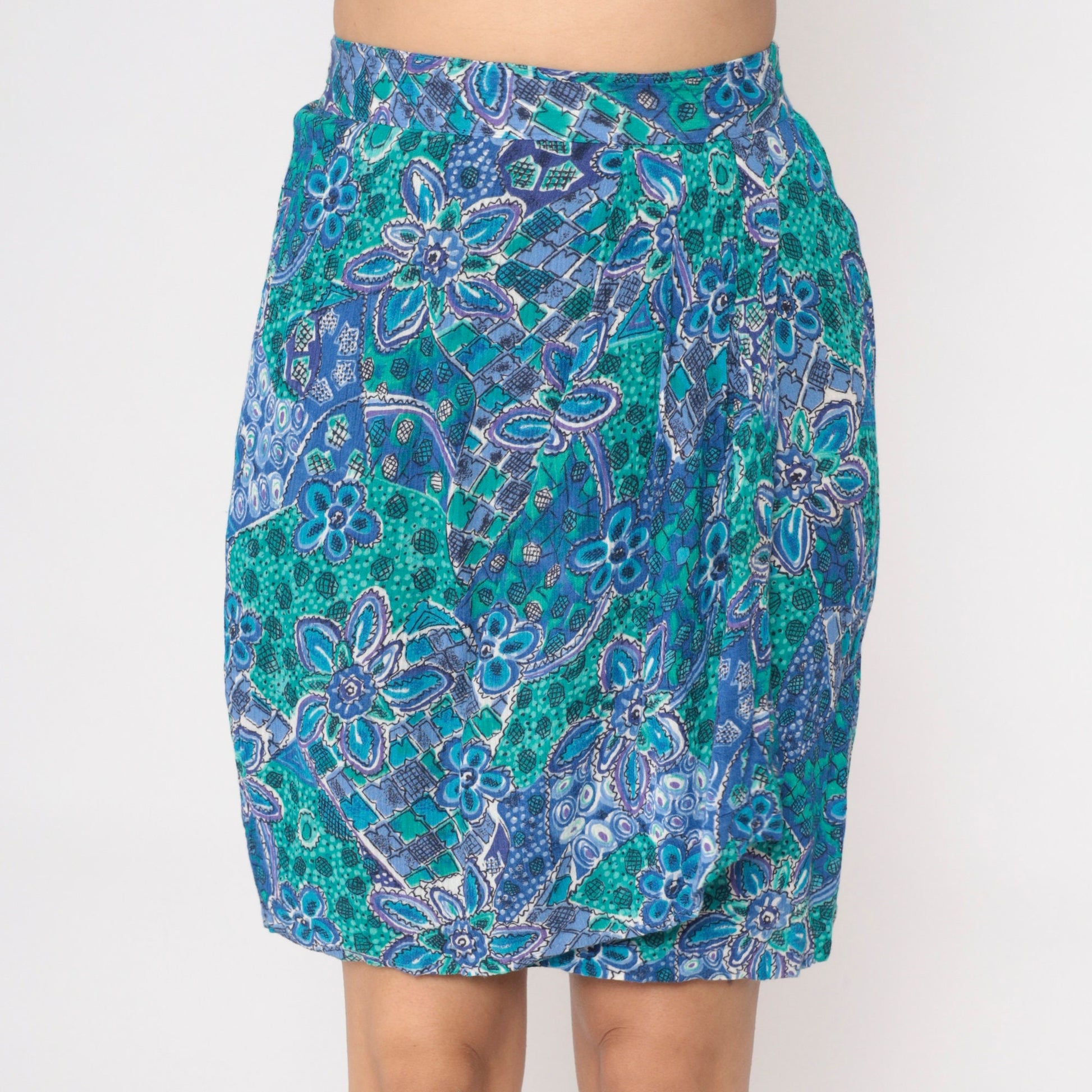 90s Floral Mini Skirt High Waist Faux Wrap Panel Rayon Small