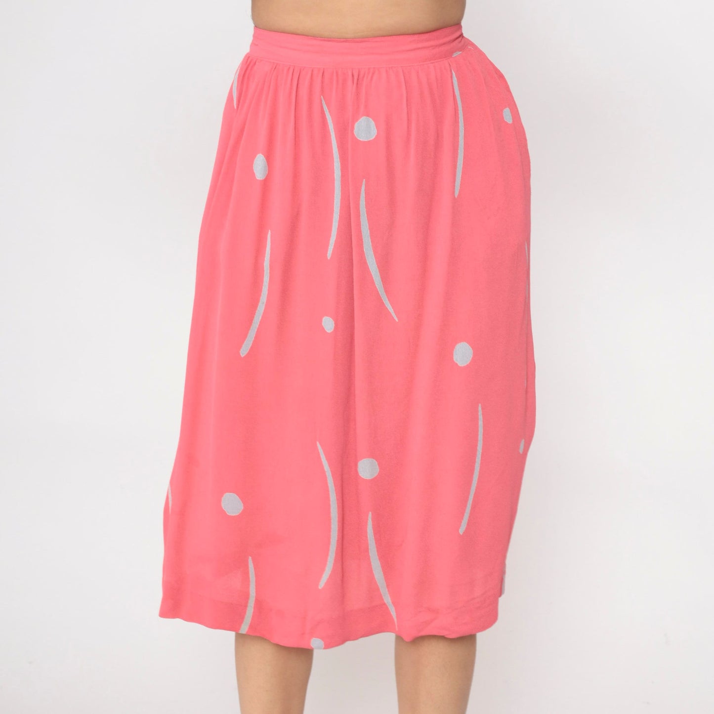 80s Uri Bloch Prive Pink Dot Line Print Midi Skirt High Waist Pockets Extra Small