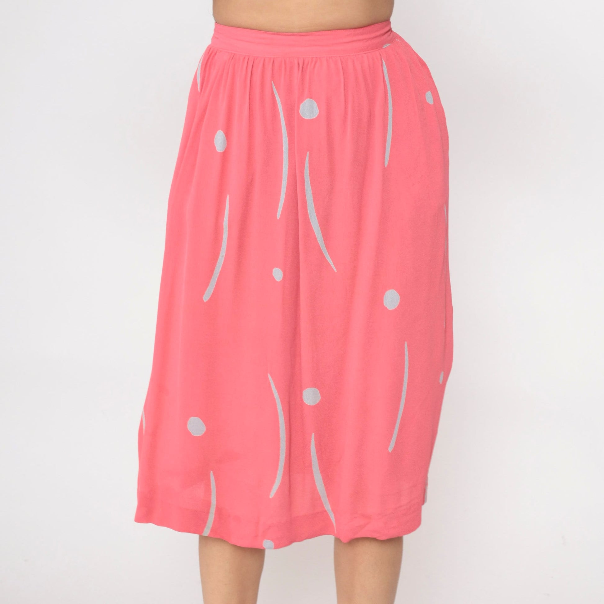 80s Uri Bloch Prive Pink Dot Line Print Midi Skirt High Waist Pockets Extra Small