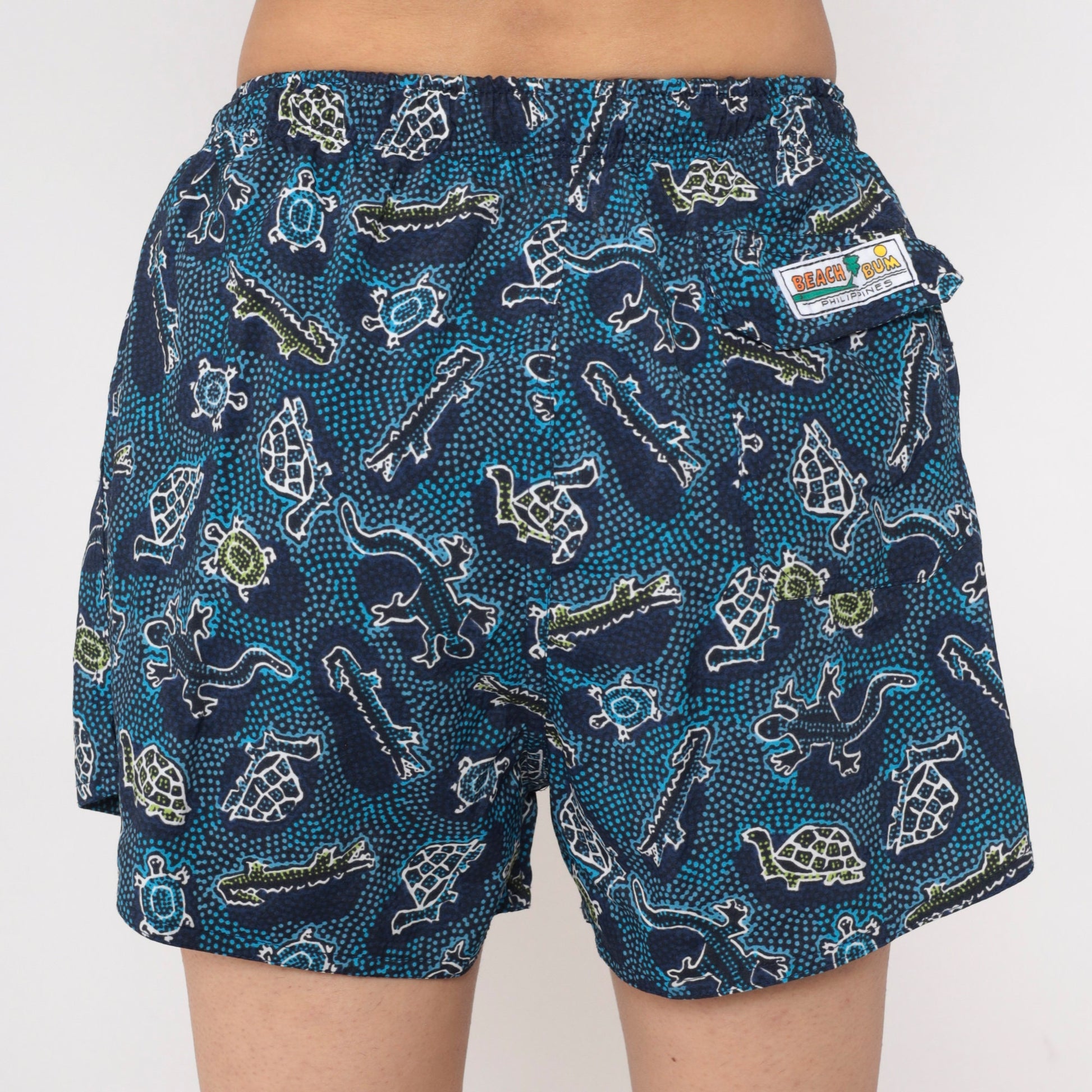 00s Turtle Alligator Print Swim Shorts Blue Elastic Waist Small