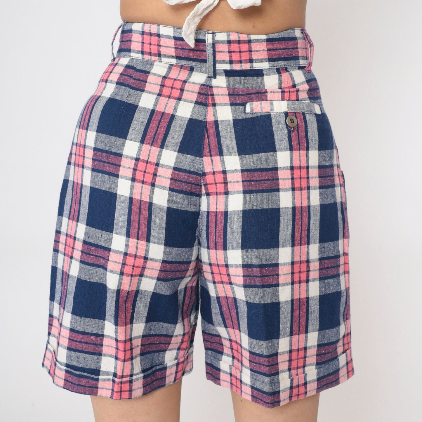 90s Dark Blue Pink Plaid High-Waisted Shorts Pleated Cotton Small