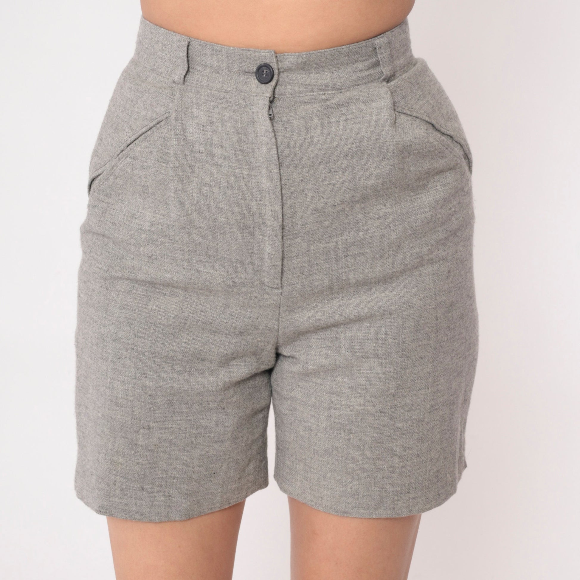 80s Heathered Grey Wool High-Waisted Shorts Welt Pockets Small 4