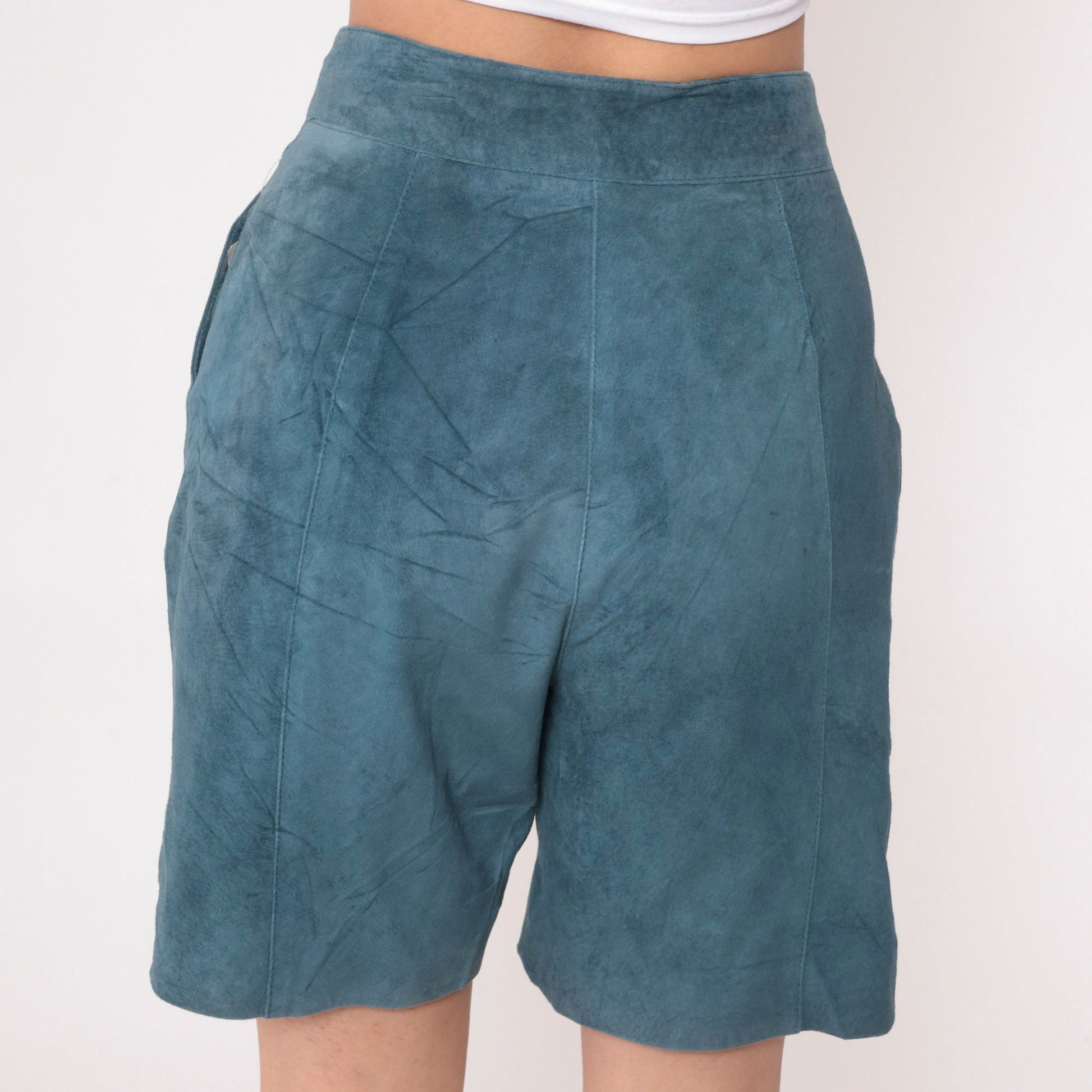 80s Blue Suede High-Waisted Shorts Pleated Front Small