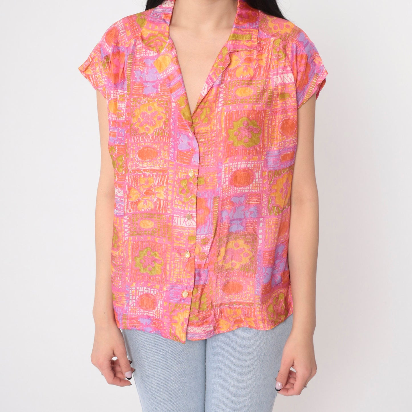 70s Abstract Floral Silk Blouse Pink Orange Cap Sleeve Button Up Large