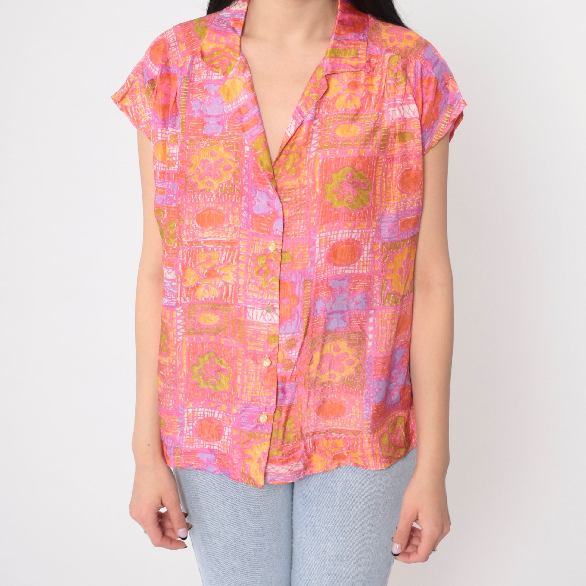 70s Abstract Floral Silk Blouse Pink Orange Cap Sleeve Button Up Large