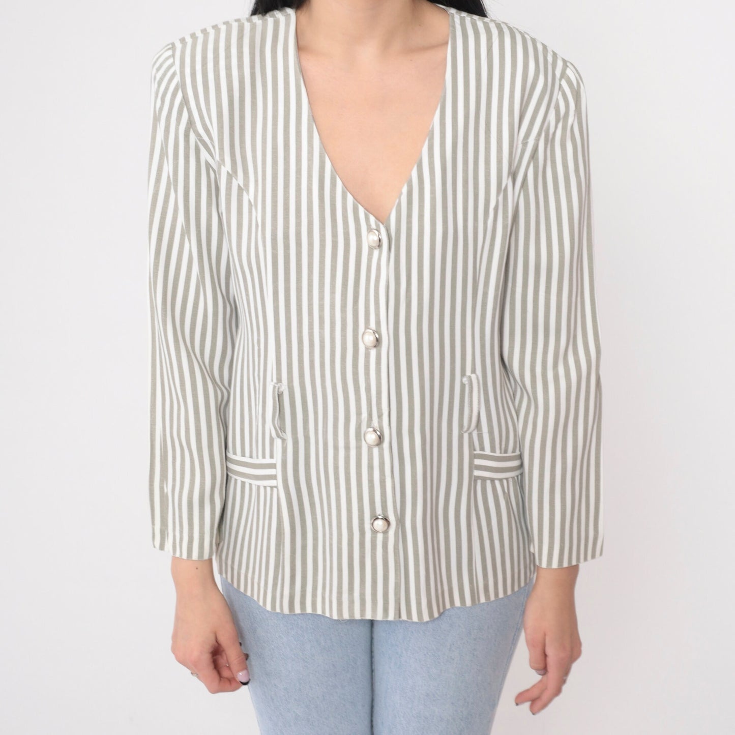 90s Striped Puff Sleeve Blouse Button-Up V-Neck Shirt Small S