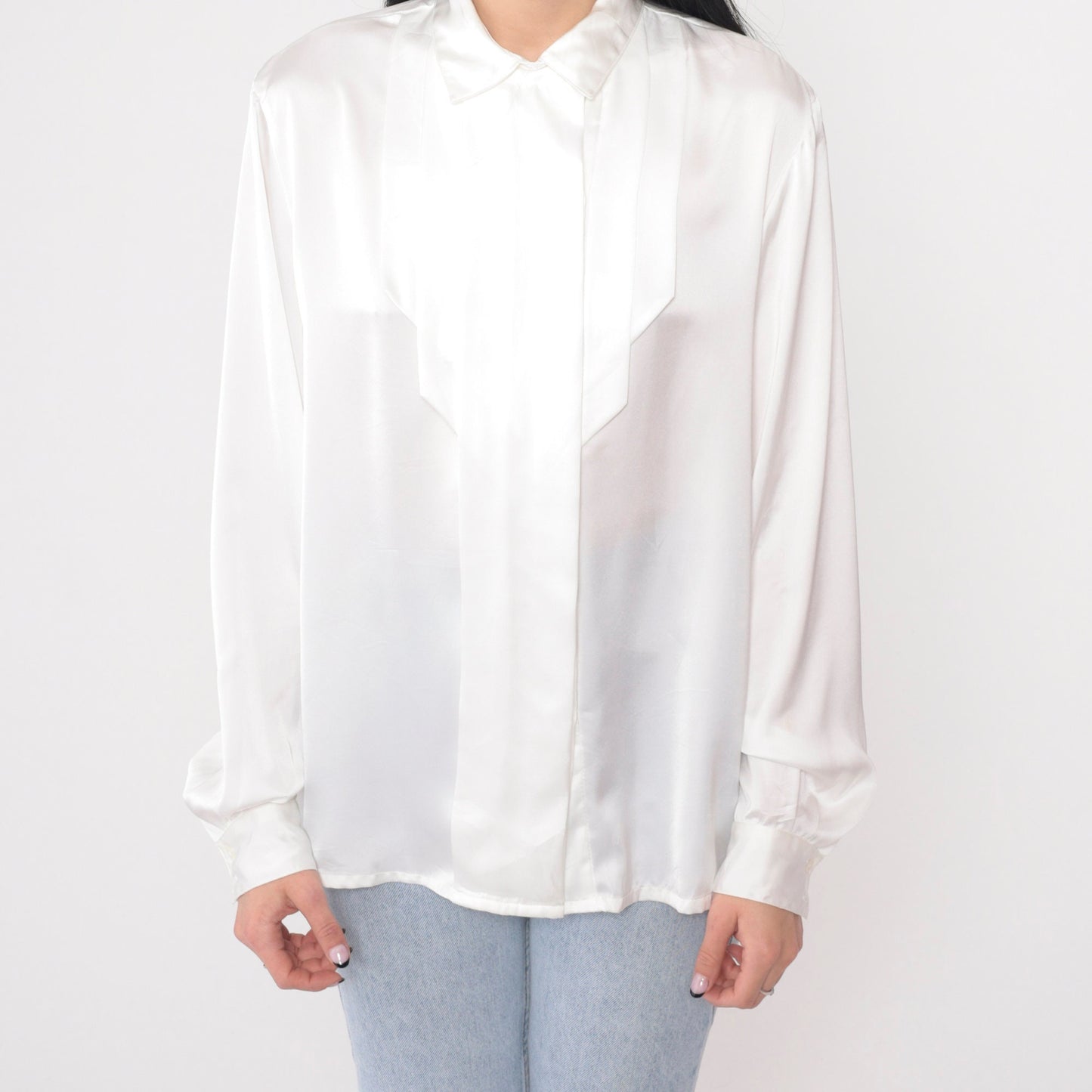 90s White Satin Pleated Blouse Long Sleeve Hidden Button Collared Large L