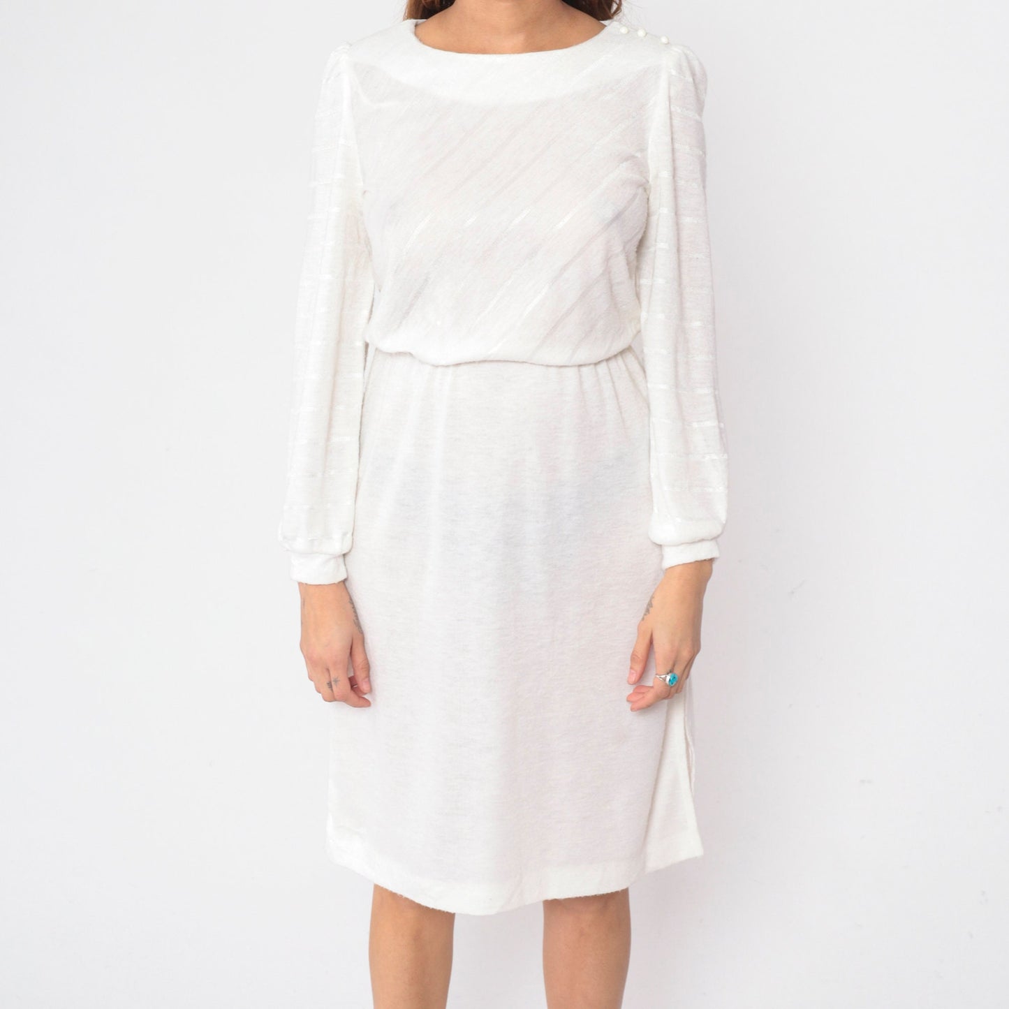 80s White Diagonal Striped Midi Dress Puff Sleeve High Waist Small