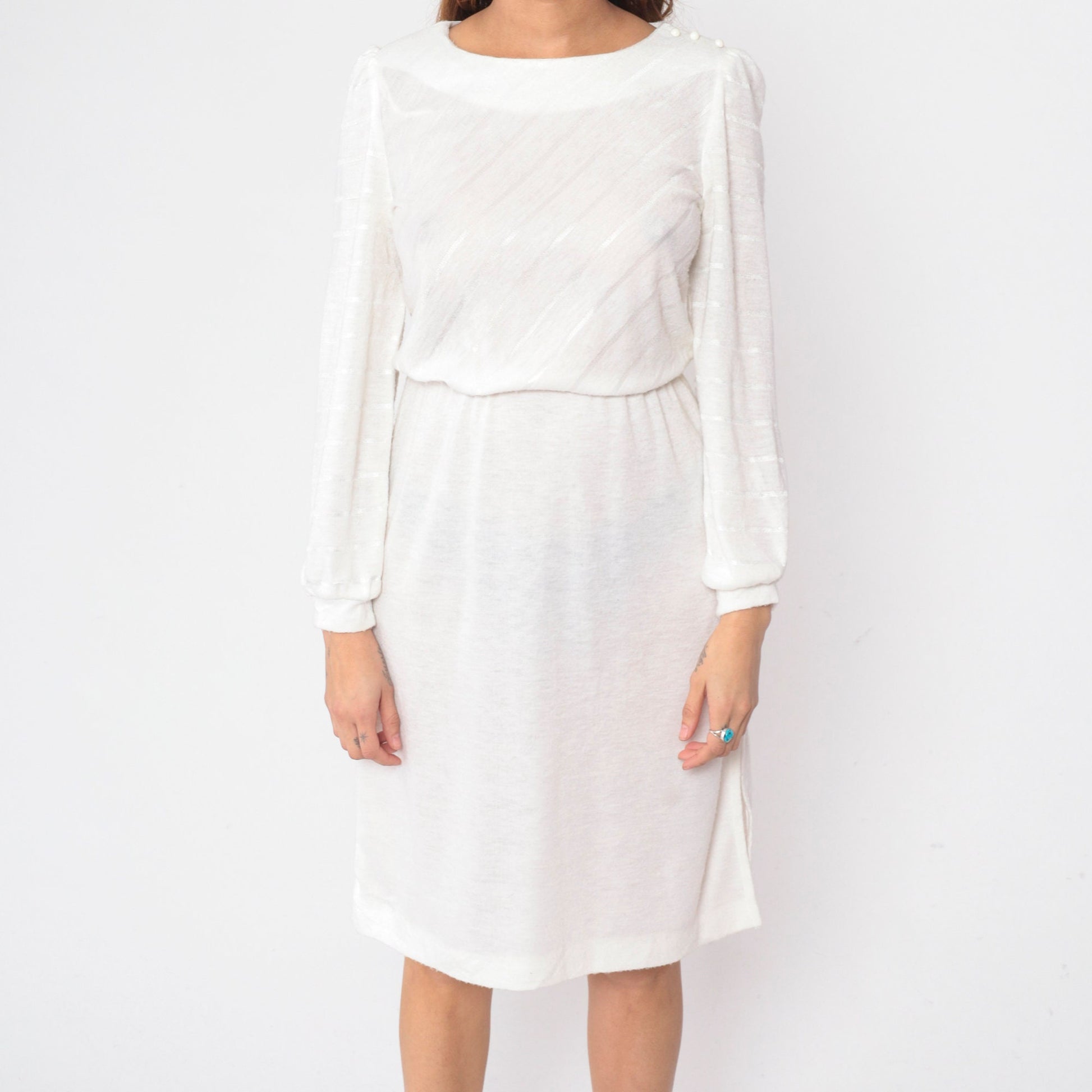 80s White Diagonal Striped Midi Dress Puff Sleeve High Waist Small