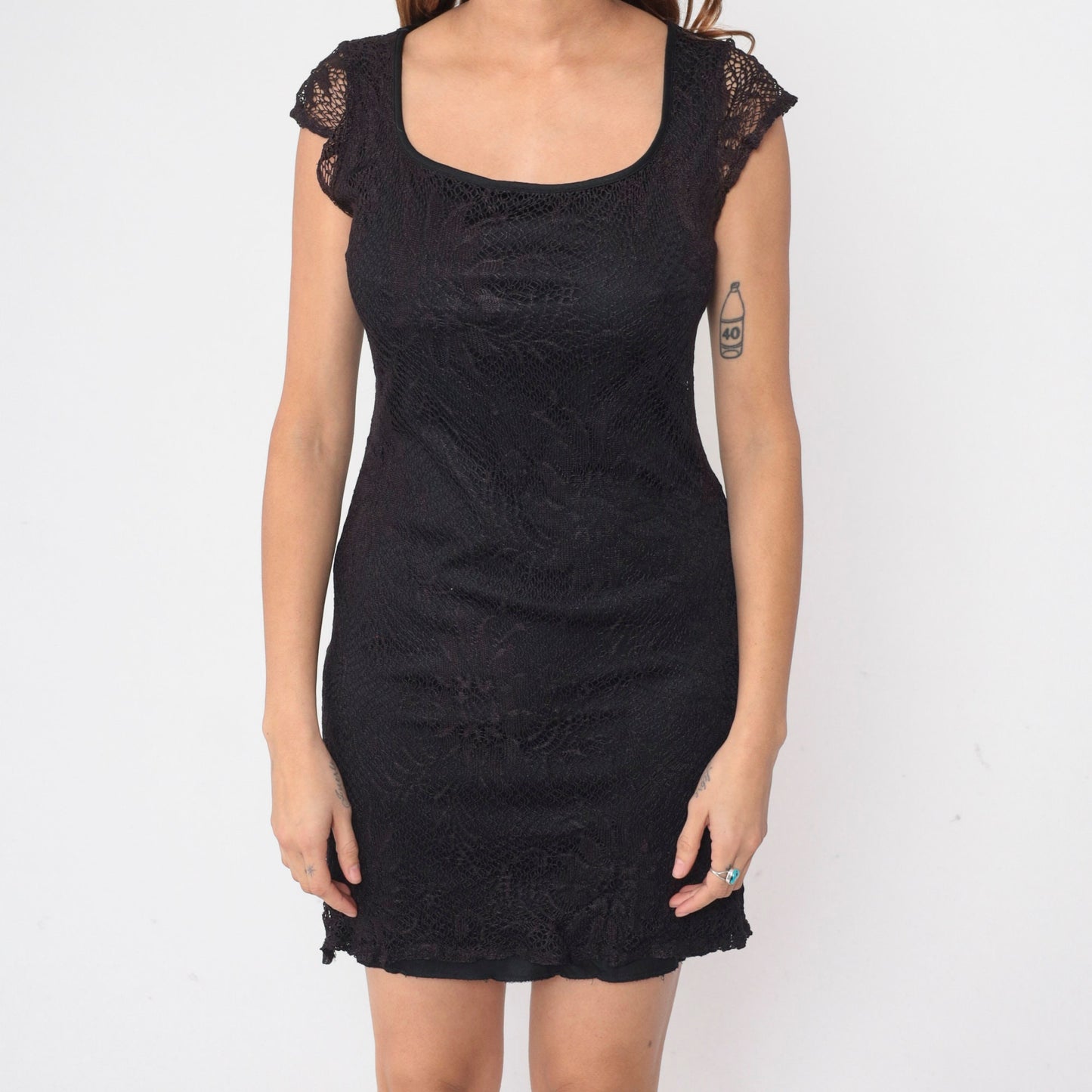 90s Black Lace Mini Dress Cap Sleeve Scoop Neck Sheath Small